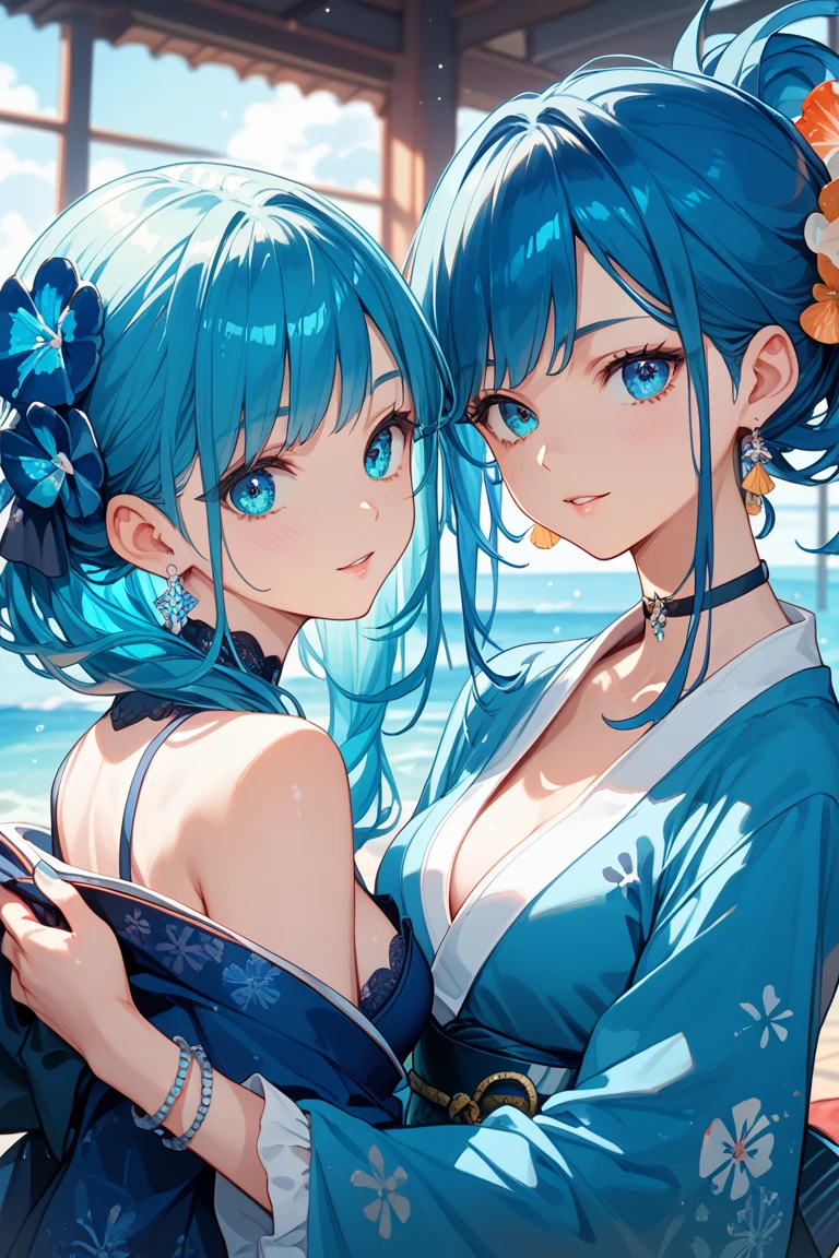 ((​masterpiece、top-quality:1.5、a high chroma:1.5、ultra-detailliert、high-resolution illustrations:1.5、Ultra-high-definition CG、8k size wallpaper、offcial art))、(2girls,twin sisters),(cute face:1.5)、(clear face:1.3),
 ((Blue-only color scheme:1.5)),(sexy body),(blue eyes),(strapless leotard),(), ((medium breasts))、
,(),()、(cowboy shot)、