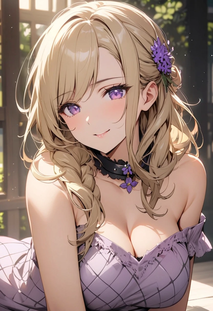 Kuroume_1024, ((shoujo-style, floral background, romance manhwa)), (close up), (1girl:1.2), platinum-blonde hair, solo, long hair, flower, dress, thick eyeblows, blue flower, wavy hair, closed mouth, collarbone, breast, cleavage, puffy sleeve, white dress, purple dress, elbow gloves, earrings, necklace, hair bow, face focus, beautiful face, detailed eyes, pupil, looking at viewer