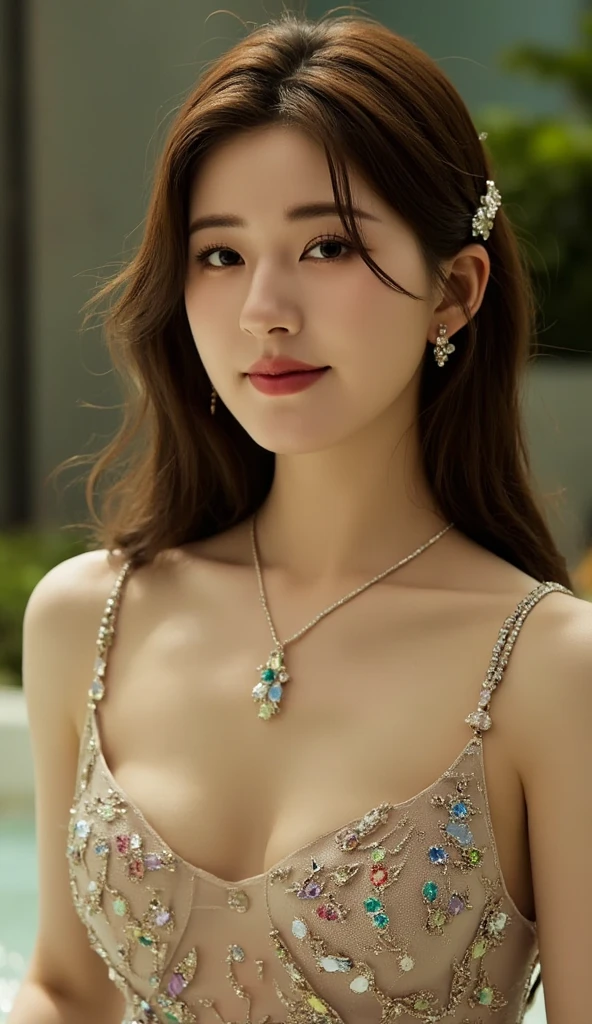 ((masterpiece:1.4)、(Highest quality:1.4)、(Realistic:1.7))、Masterpiece:1.4、Pretty Girl 0.3、(1 Girl:1.4)、pretty girl、(Portrait Photography:1.4)、(Close-up photo:1.7)、(An outfit that emphasizes beautiful breasts:1.4)、Sharp focus:1.5、Detailed eyes、double eyelid、{Long Hair}、Beautiful woman with perfect figure:1.4、Perfect proportions:1.4、(Anatomically correct body shape:1.4)、well-proportioned and beautiful udder:1.2、Upper body photo shoot:1.2、Beautiful expression、Resistance、Dark Background、ponytail、Nikon SLR D6、Natural light、Lighting technology that creates beautiful expressions、Ideal lighting、RAW Photos、Red lips、Beautiful face with long face、choker:1.4、necklace:1.4、Earrings:1.4、1 Screen Display
