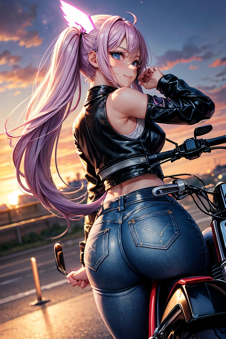 Draw Camila, an anime-style female character. long lilac hair reaching her waist with baby bangs, blue eyes, lilac eyebrows, smile on her face. small breasts, thin waist, very large and perky ass, thick shapely thighs. She is wearing short, tight jeans and shorts and a short black leather jacket. riding a powerful motorcycle on the road at high speed with the body leaning over the motorcycle. pink helmet. view from behind. rainy night. She is mounted on the motorcycle riding at high speed. hands holding the handles of the motorcycle and body leaning forward, looking straight ahead. tunic perspective of the road. view of the back showing the ass mounted on the bike.