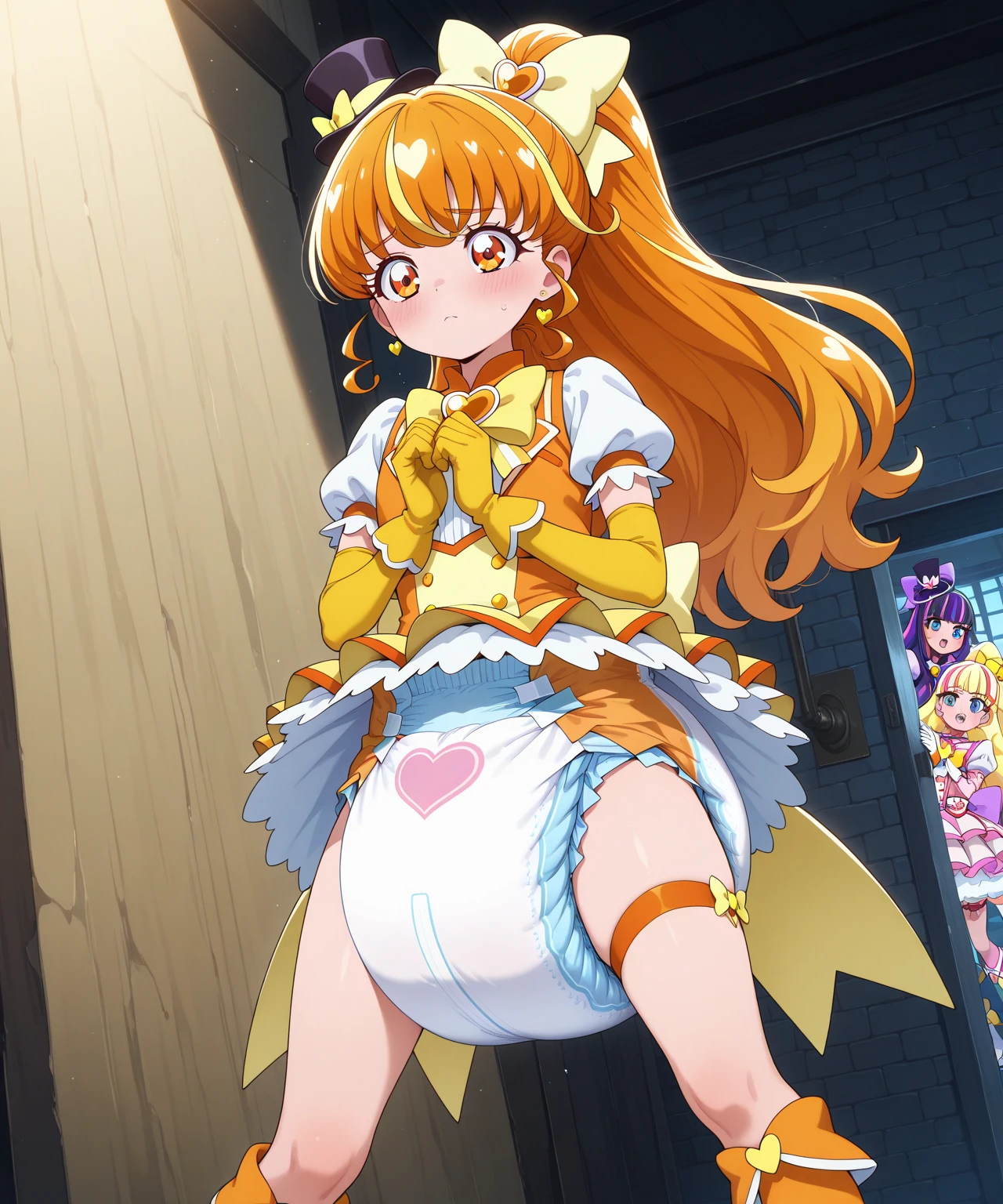 ojfjwrhzkmgc, glasses, smile, standing, full body, indoor,(((lift skirt,panties)))
