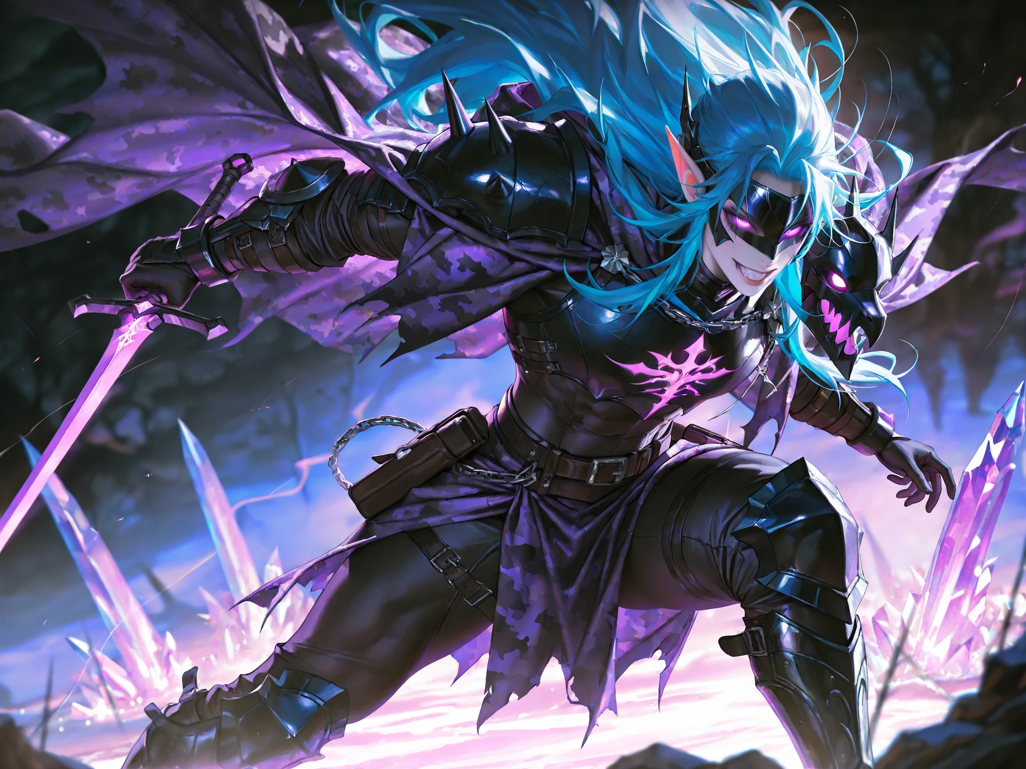 "Anime style action scene of Susanoo battling the fearsome Yamata no Orochi, an eight-headed serpent. The background is a dense, ancient forest with a river running through it, and the atmosphere is tense with dynamic lighting and intense expressions on the characters."
