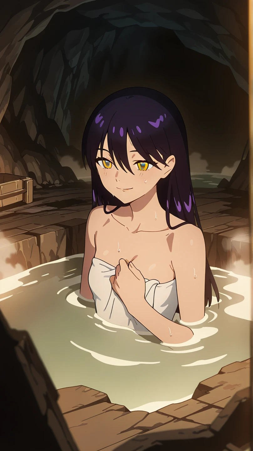 ultimate cute girl, long hair,
(masterpiece, finely detailed beautiful eyes: 1.2), (Aerial view:1.2), realistic, 3d face, (lustrous skin), (very beautiful background),
?????,
purple long hair, purple eyes, sweaty skin,
onsen, hot spring, (steam:1.2), outdoor, (large public bath),
blunt bangs, medium breasts, (looks happy:1.2), (blush:1.2)