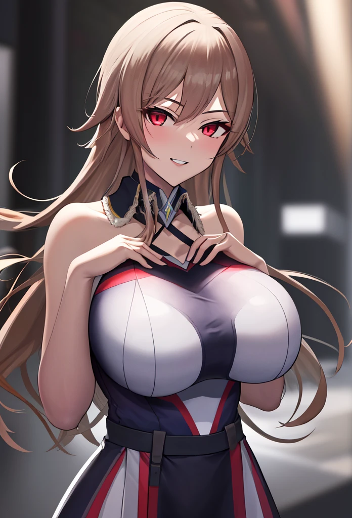 SFW, (black dress, keyhole cleavage) (huge breasts), firm breasts, slim waist, curvy figure, arms behind back, miyamoto rei, long hair