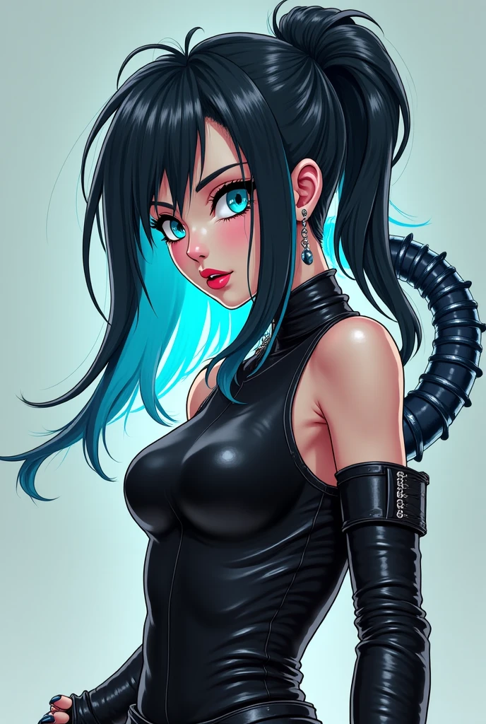 (Best Quality,4K,High resolution), 18yo woman, femele，Feminization of black cats，Cat's ears，Cat Ear Headphones，black longhair，Blue mesh hair，Big eyes，sharp eye，Cold eyes，glares，Knuckle Gloves，Toenails，dishevled hair，calm character，Cool Woman，Black and blue，Sleeveless，Tight leather suit，cross belt，Navel out，Skin revealing，Knee Sock Boots，Cat tail，Delicately drawn illustrations，Vivid color scheme，colourfull，Delicately expressed body，realistic representation，charicature，Comical appearance，action，futuristic background，Dynamic movement