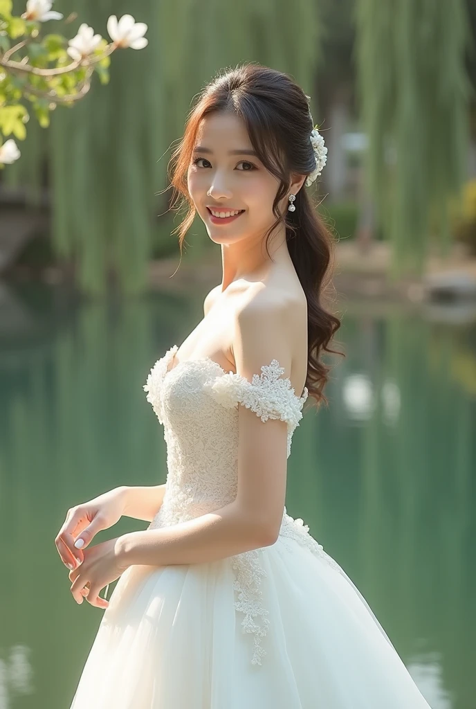 (highest quality, High resolution, masterpiece:1.2,), figure, night, 1 girl, whole body, (Wedding dress), turn your arms behind your back, Waiting for a kiss, looking at the viewer, Happy, blush,