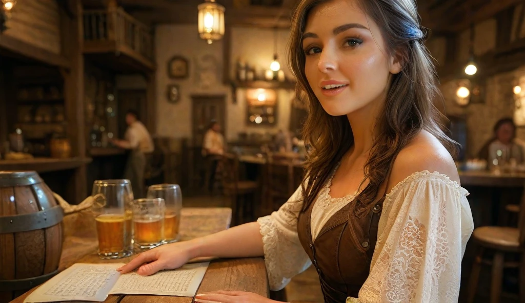 Photo of a German girl in a pub, olhos azuis vestindo uma camisa de colarinho branco, glass of juice and Bible on the table, (8k UHD:1.2), Full Resolution, Canon Z, pele detalhada, fotografia de alta qualidade, Foto RAW