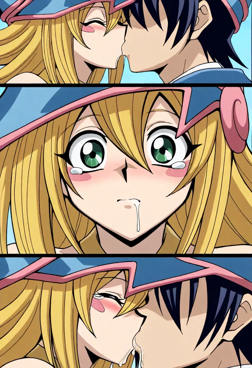 parted lips, solo, DarkMagicianGirl,1girl,blonde hair,blush stickers,green eyes, wizard hat, choker, bare shoulders,cleavage,capelet,blue dress,see-through, , blush, open mouth, big mouth, tongue, tongue out, close up, saliva, uvula, uvula, room, mouth focus, excessive saliva,