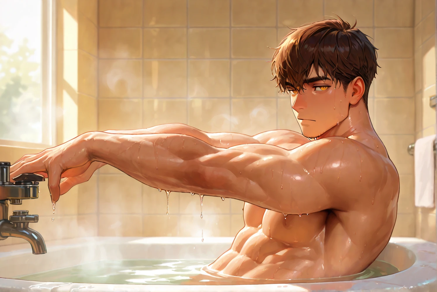 absurdres, highres, ultra detailed, HDR, master piece, best quality, extremely detailed, Wriothesley, black hair, expressive blue eyes, Genshin Impact, solo, y man, handsome, horensual, without clothes, naked, t a shower, bathroom, water, bathtub, sitting