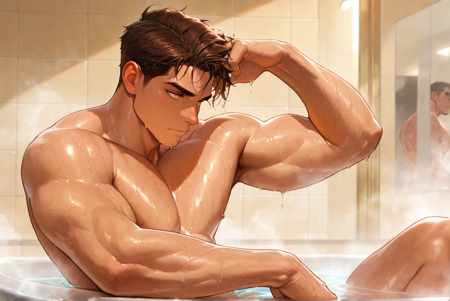 1 man, young middle-aged man, smirks, solo, white skin, muscular, muscle man, tall, hunk, big biceps, abs, wide shoulder, open chest, facial hair, black short hair, wet body, wet hair, shirtless, sitting in a hot tub, white swim trunk, viewer looking, high resolution:1.2, best quality, upper body shot, flat style, blue sky and hot tub background, low camera angle, volumetric lighting, depth of field, shadow, steamy environment