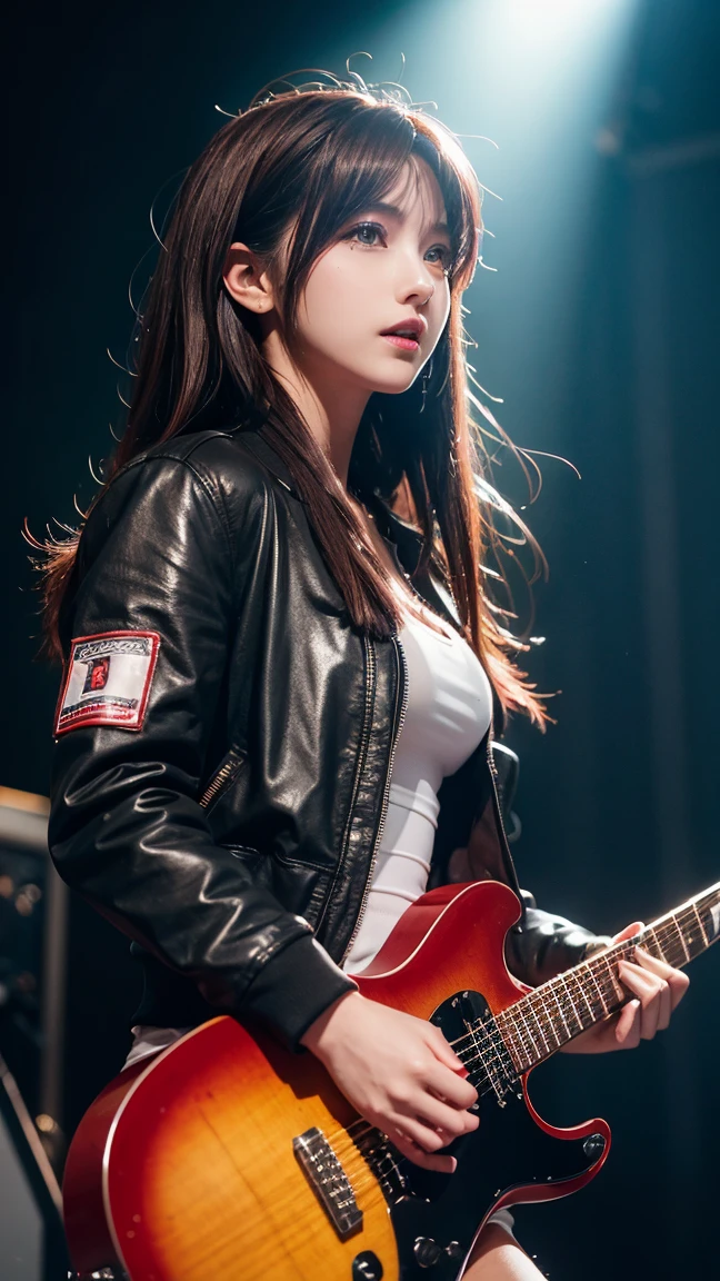 ((top-quality))、((masterpiece))、 (((独奏)))、(Very normal body)、1 milf、(Super beautiful)、(ultra beautiful faces)、(A detailed face:1.1)、(brown haired)、Rock star、(guitarrist)、(plays the guitar)、Crouch and play、spread her legs wide、(Steampunk costumes)、(Cool jackets and miniskirts:1.1)、(Small white lace panties are visible from under the skirt:1.2)、Clear pubic contours、The pubic area is transparent、Enamel High Heel Boots、red-lips、garterbelts、(Concert stage)、(Summer Sonic)、At SFW