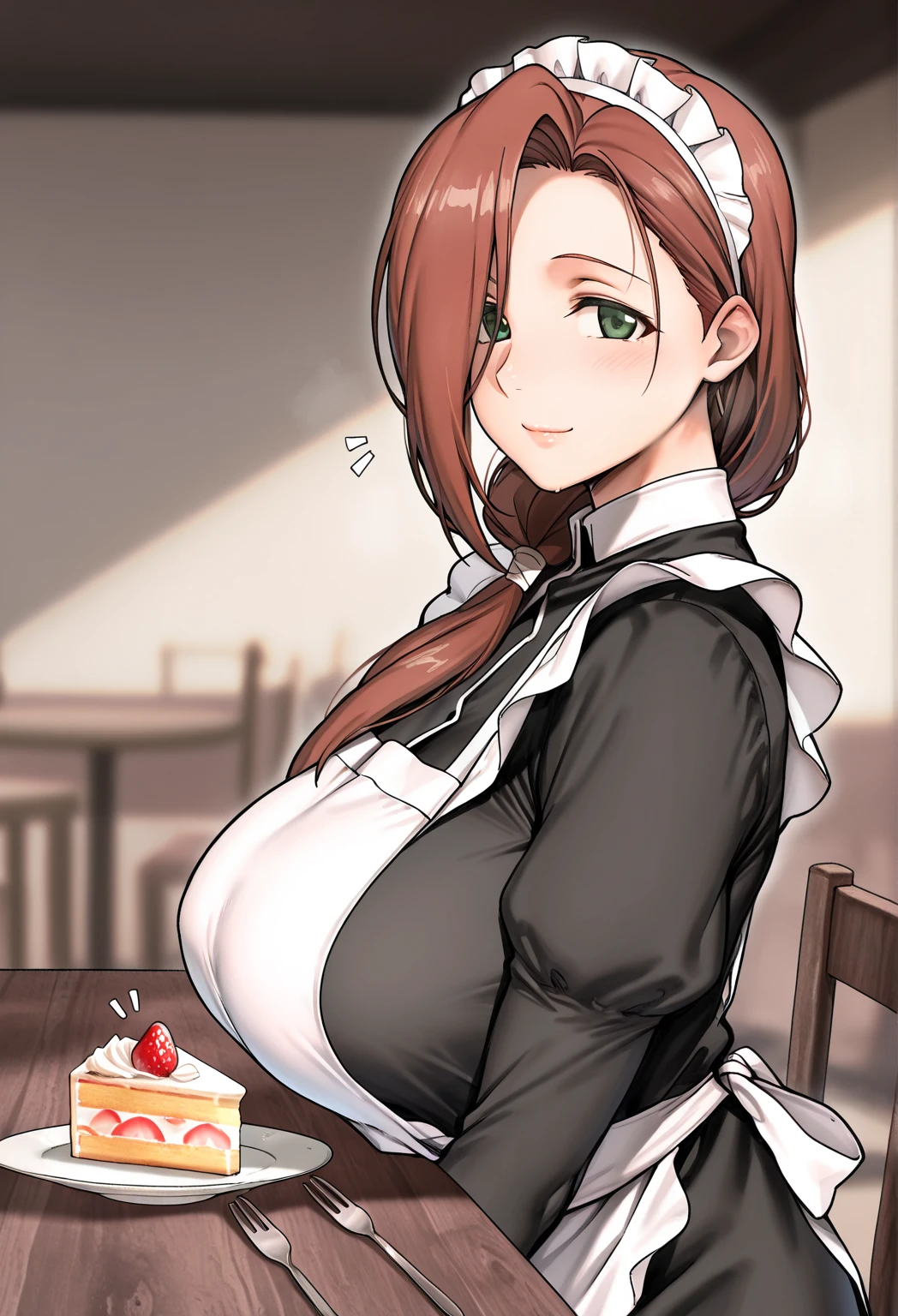 (masterpiece, best quality:1.4), illustration, 8k, hd, 1girl, solo, long_hair, brown_hair, dress, white_thighhighs, no underwear, short_sleeves, frills, apron, blue_eyes, cleavage, metal_collar, anchor_choker, maid, white maid, ((big breast, big ass, glasses, shy, blushing, everting eye contact, eating)), (restaurant, maid cafe)