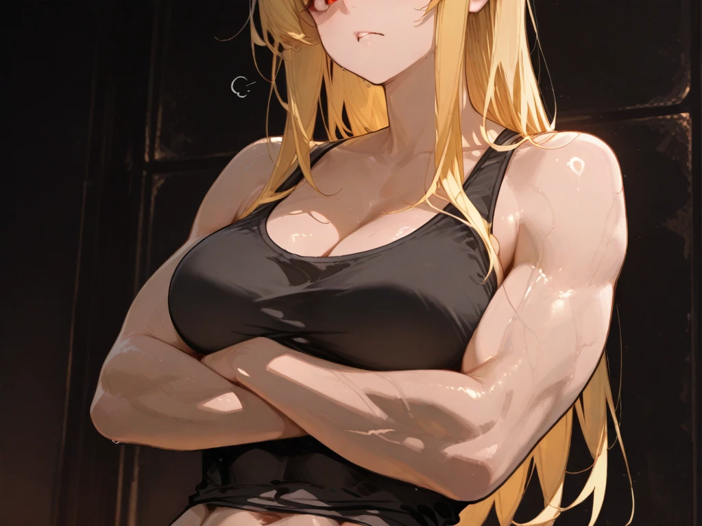Floox style, 1girl, breasts, solo, horns, long_hair, navel, yellow_eyes, animal_ears, looking_at_viewer, large_breasts, abs, blonde_hair, white_background, cleavage, goat_ears, simple_background, midriff, goat_girl, bare_shoulders, crop_top, stomach, black_gloves, hair_between_eyes, gloves, sports_bra, bangs, collarbone, upper_body, goat_horns, underwear, closed_mouth, very_long_hair