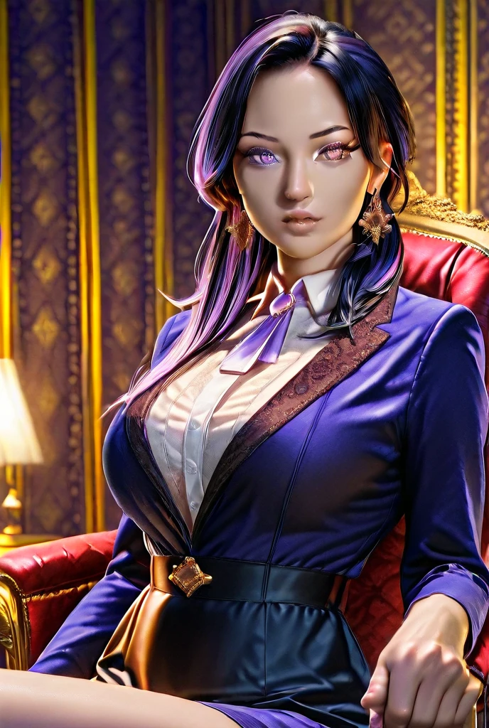 best quality, masterpiece, purple hair, gold eyes, secretary clothes, looking up, upper body,hair strand,Fair skin,side braids, big boobs, tan skin, maroon glasses