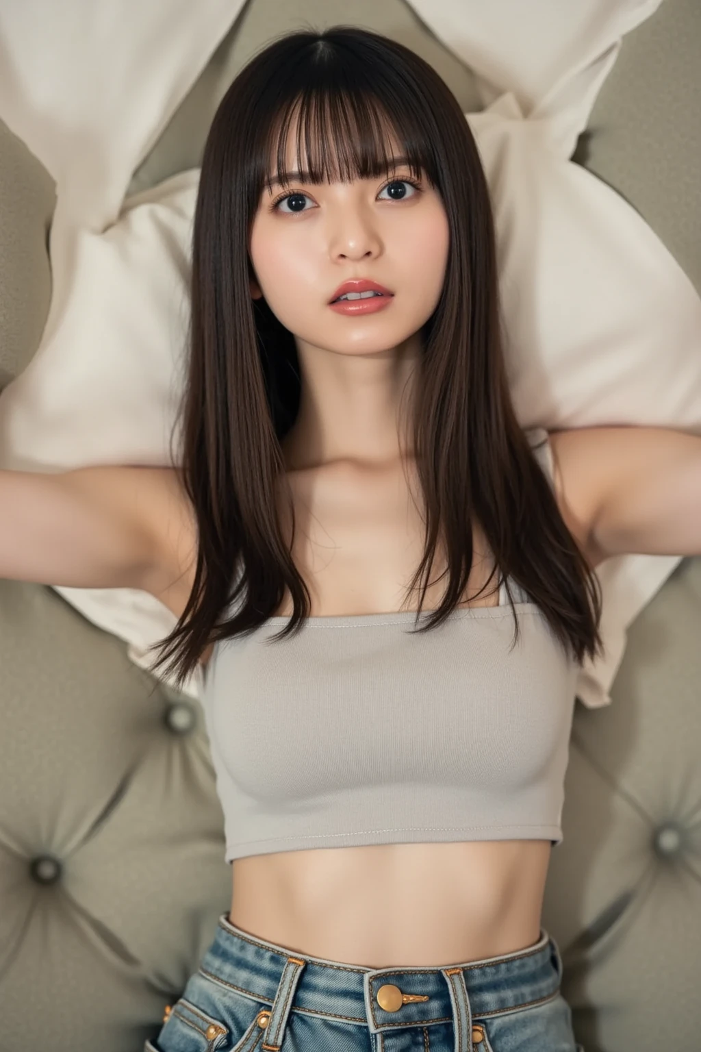 sleep1人の女の子(Very detailed image quality)極realistic skin texture、extremely detailed face(butt length hair、very long curly hair、Beautiful moist and manageable hair、smooth hair)((bright smile))、stare(Sexy 15 year old girl、small face、extremely beautiful face、natural makeup)(fair skin)(Glitter eyes)smooth skin、realistic skin texture ((interior old western building、Old floors、Table Set、large round rug))(((Tube top、I can see your belly button)))((Knee-high socks))((Gingham Check、very short mini skirt、)))) ((sleep、Can be seen below the knee))spread legs、Extremely beautiful armpits、round beautiful breasts、beautiful cleavage、thin waist、constriction、big ass、Movie Writing、reflex board、face light、raise your arms、((((sleep:1))))(((Full body shot from above)))