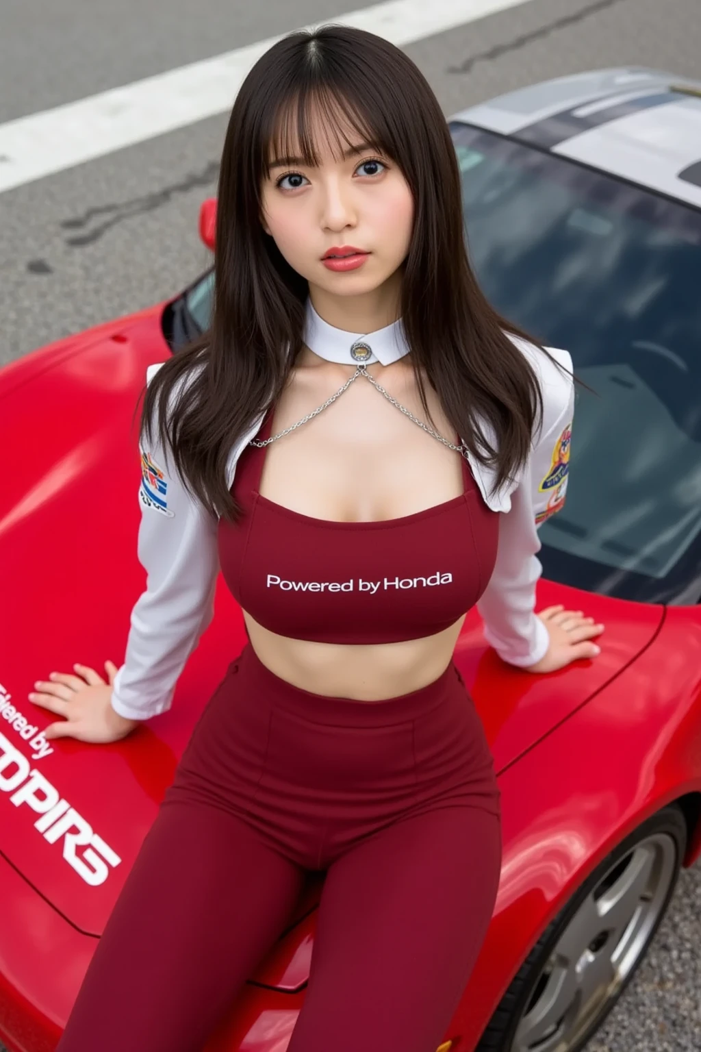 the Extremely Detailed CG Unity 8K Wallpapers, best quality, Ultra-detailed, masutepiece, Reality, photos realistic, extremely detailed cute girl, 25 years old,
(Wearing a grid girl costume with sponsor's logo printed on it:1.3), (Mini skirt ) , (Sitting in a motorsport race), (photorealistic:1,4)、(side view)、(looking at the viewer)、(sitting on the hood of a car)、 (cleavage), (leg spreads:1.3) , (Showing white panties:1.4) , blush , Half body shot , shortcut