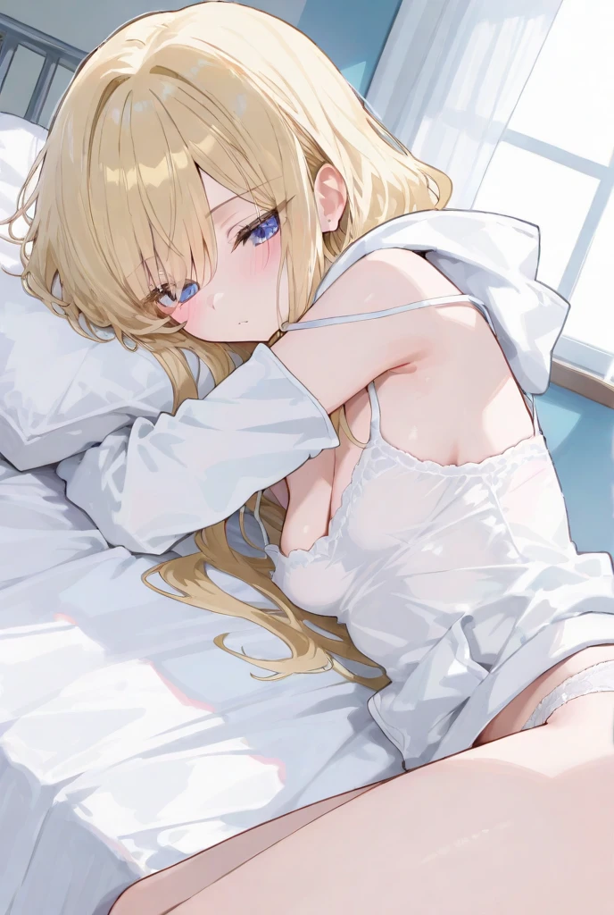 (absurderes、Absolute resolution、incredibly absurdness、hight resolution、ultra-detailliert:1.0、Official art)、master piece, Sharp Focus ,Delicate Beautiful Hair and Eyes and Face, Lifelike, Hyper-detailing, a matural female, Dynamic Hair, slender,pale skin, (Wearing a white long-sleeved collard shirt and black miniskirt),natural(Colossal tits:1.2), cleavage of the breast,((The areol)),(teats),((exposed breast)), Beautiful cute woman,Wet in the rain,(Delicate pale blonde hair),(length hair),Delicate dark blue eyes, , , embarassed expression,(Lying face down on the bed), Lying face down, (Hugging a pillow), Buttocks, thighs thighs thighs thighs, Sexy legs