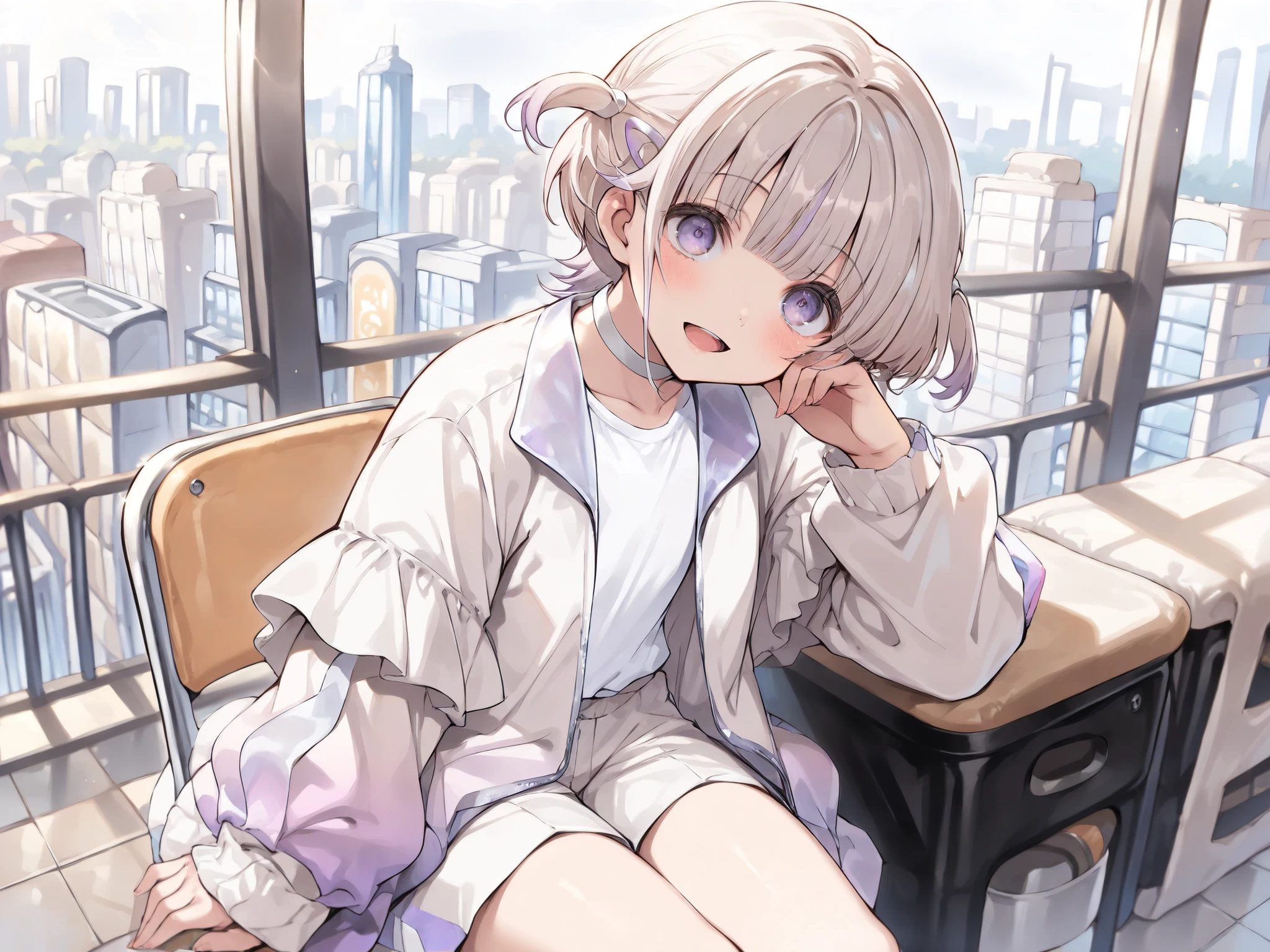 ((Todoroki hajime)), ((Masterpiece)), ((best quality, very aesthetic, absurdres, newest)), (wide shot), (detailed background), (8K), (cinematic lighting), ((1girl)), cute young girl, (Healthy body, Textured skin, small , tilt head), multicolored hair, short hair, gradient hair, pale-purple colors Hair Tip, two side up, hairclip, loose blunt bangs, (white choker, white shirt, white jacket, gradient jacket, white shorts), white sneakers, ((small )), BREAK, big eyes, (pale-purple eyes, gradient eyes, upturned eyes), (big smile, open mouth, blush), (cheek rest), Stylishly sitting on the chair, summer day, (the Stylish Cafe Terrace), Beautiful cityscape Background, TodorokiHajime,