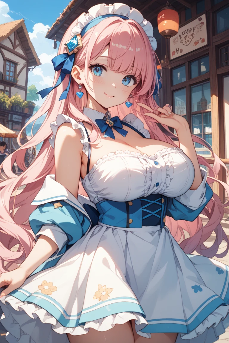 beautiful woman，Folk Girl，blonde with blue eyes，Wear a rococo ball gown to look elegant. Decorated with a long, fluffy skirt.,Beautiful rococo style evening gown with amazing details. Complete with a long skirt with large ruffles.，countryside，countryside，beautiful scenery，European Middle Ages，smile with teeth，forehead，forehead exposed，very big breasts，ear nipple ring，side waist slit，tightitt，((side chest))，Lace panties，Panties，((big tits))，(pubic bone)，(Hold your hands on your chest.), rift, visible chest, Show your breasts, open chest, I see bulging nipples,,(((large areolae:1.4,pink,The nipples are clearly visible...))),Navel drive,dance,dance, (((2 young women ,beautiful woman)))
