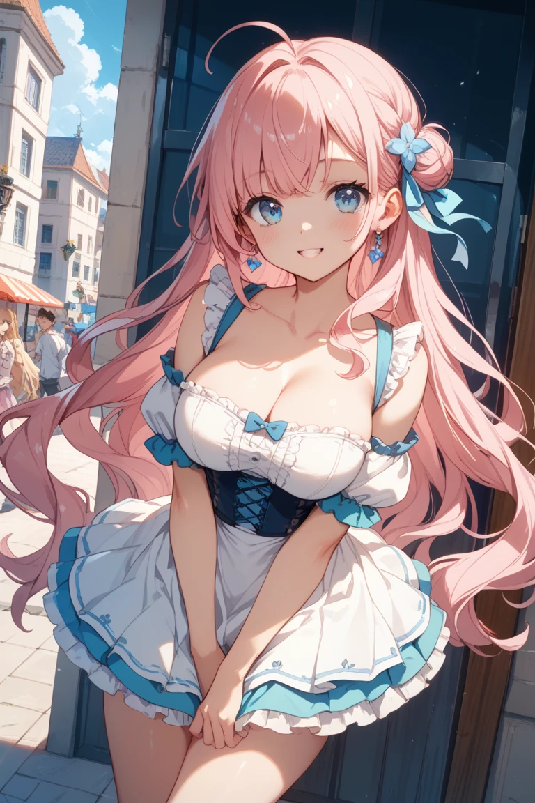 Best Quality,Beautiful Eyes,Very cute face,Beautiful Anime Girl,(Solo Girl),(gigantic breasts:1.4),(large breasts:1.4),(huge breasts:1.4),(big breasts:1.4),(mega breasts:1.4),(Pink hair),(low twintails:1.4),(Light blue eyes),Very happy smile,BREAK,(White smock blouse,Frills,Long bell sleeves,白のFrillsロングスカート:1.2),Flower Field,petals dancing in the wind,blue sky,Cowboy Shot,(Open your arms,Dynamic Pose,Dynamic Angle,Angle from below)