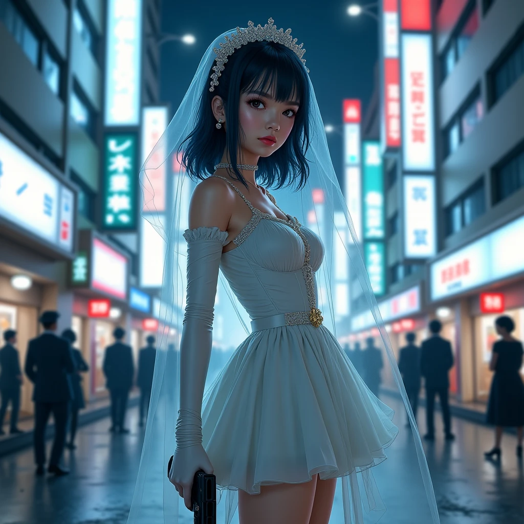 (Half Body Shot,Street lamp,moon),masterpiece, One girl, Solo Exhibitions, Beautiful small breasted woman on a busy street, Surrounded by peddlers, Beautiful Goddess Girl Portrait, Beautiful and elaborate face, Porcelain-like skin, (((Bust Shot, center, night, Black Hair, short hair)), Very soft lighting, Symmetric, complicated, grace, Attention to detail, realism, art, concept art,White clothes