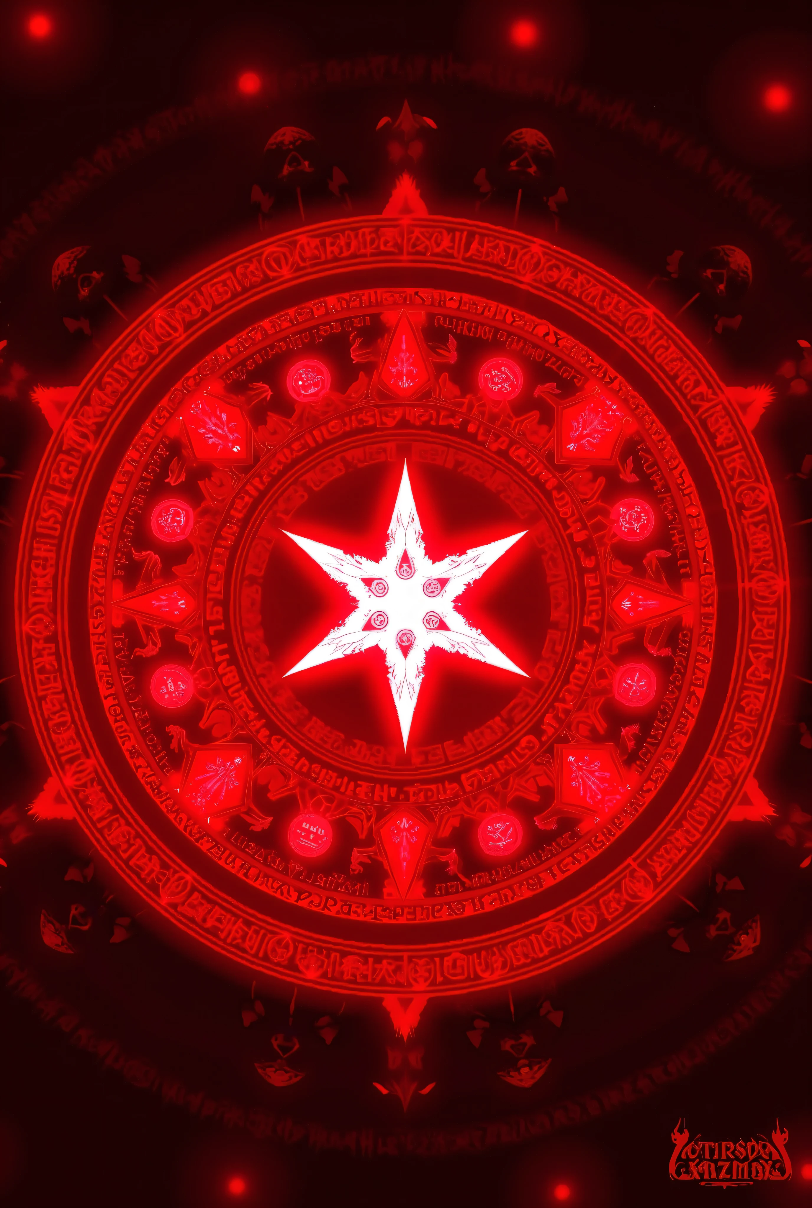 a red magic circle embodied by a 6 point star at the center and layered circles of runes