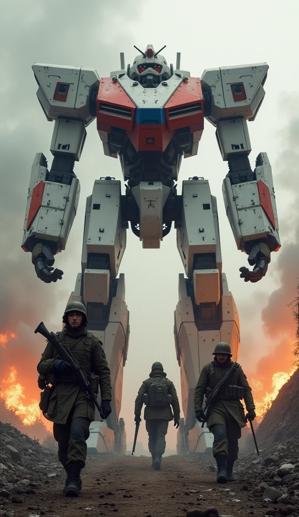 a realistic humanoid machine, a large gun in each hand, medium-sized humanoid machines around it,
the medium-sized machines are holding guns in their hands and pointing a gun at the large machine,
the large machine is ignoring them, a small Turkish flag on the large machine's chest