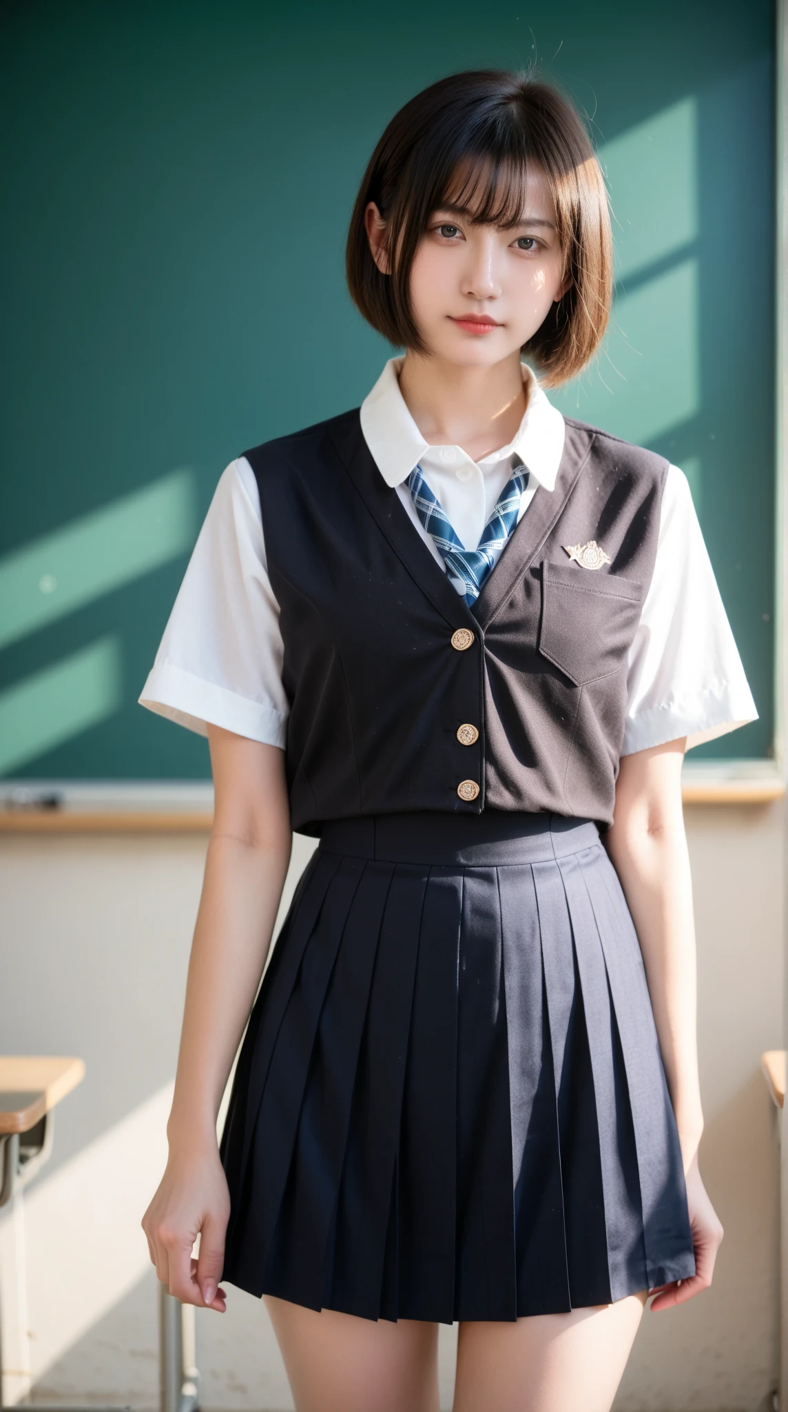 face is :9,3157126699], Realistic high school girl in uniform standing in front of the counter, 17 age、stature　159 cm,　Skirt and thighs、(Wearing black tights、Realistic tights)、japanese girl school uniform, Japan school uniform, wearing japanese school uniform, dressed as schoolgirl, a hyperrealistic schoolgirl, Realistic Schoolgirl, a hyperrealistic schoolgirl, JK Uniform, Cute Schoolgirl, Seifuku, Wearing school uniform、A smile、Raw photo, (in 8K、top-quality、​masterpiece:1.2)、(intricate detailes:1.4)、(Photorealsitic:1.4)、octane renderings、Complex 3D rendering ultra detail, Studio Soft Light, Rim Lights, vibrant detail, super detailing, realistic skin textures, Detail Face, Beautiful detail eyes, Very detailed CG Unity 16k wallpaper, make - up, (detailedbackground:1.2),　shinny skin、turned around、Exposed thighs!!!、
