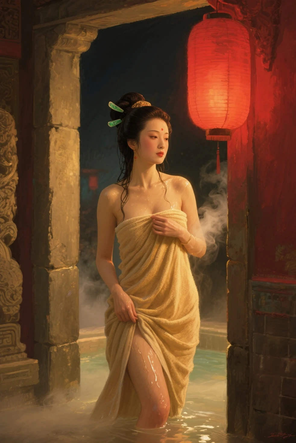 A beautiful young woman with a look from the Han Fu Dynasty sits naked e water with her hands on the edge of the pool. Behind her, a maid stands waiting to receive the clothes she is about to remove. There is a partition made of thin, openwork fabric, preparing to bathe in the small pool in the warm water of the palace. The atmosphere of the room is decorated with luxurious patterns according to the era of the great Han Fu Dynasty of China.