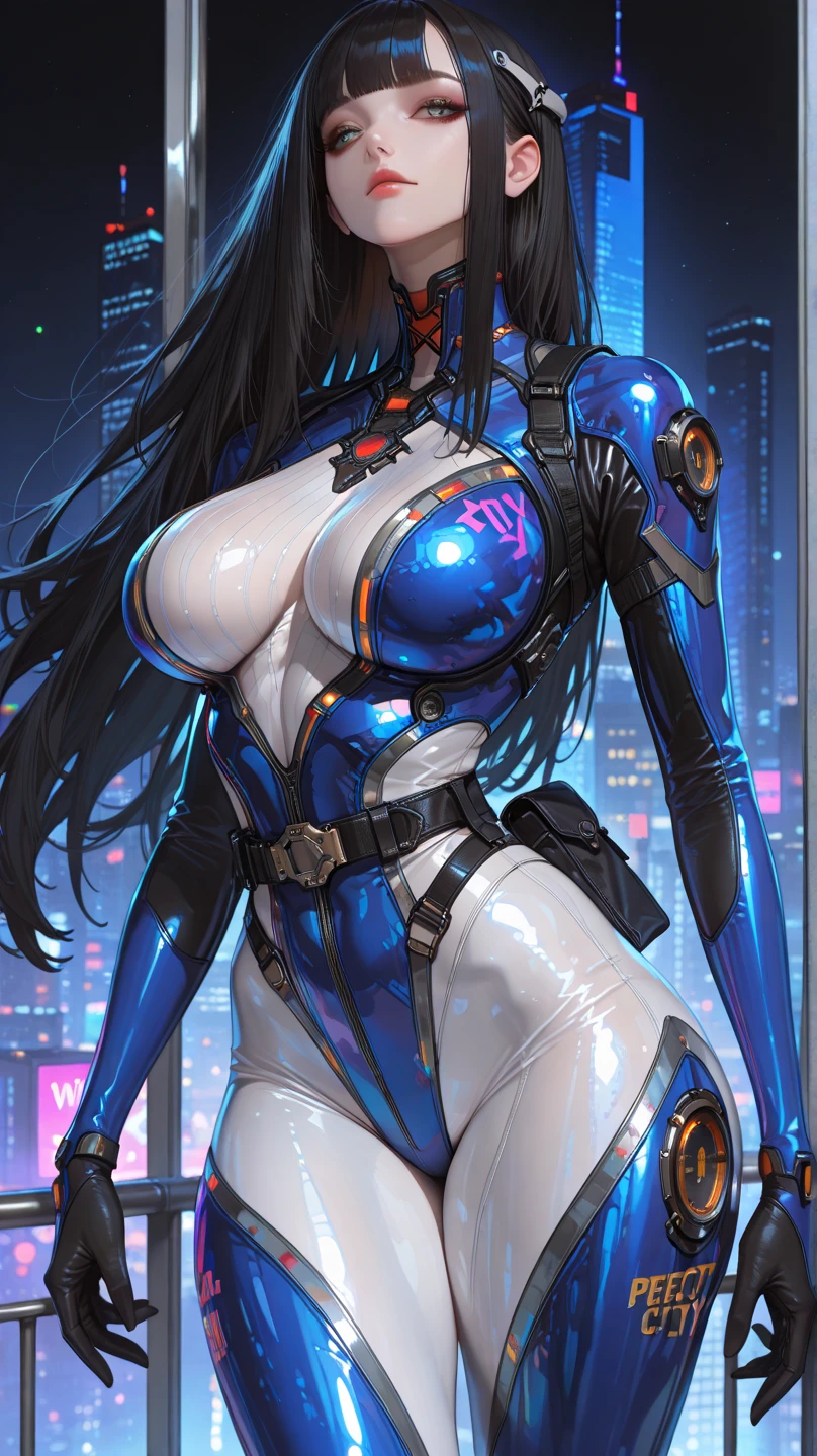 ((8k, HDR, Full body, entire figure, Beautiful European girl 25 years old, round face, closeup, slim body, intense blue electric eyes, detailed eyes, black hair, very long hair, Perfect proportions, gigantic breast, dynamic pose, look at the camera)), ((Masterpiece, highest best quality, realistic photos, ultra-detailed, ultra-intricated)), (movie lighting, complex), Create a captivating SeaArt image featuring a stunning 20-year-old girl. Envision her with long, tousled brown hair that cascades gracefully around her shoulders. Her eyes, a vivid electric blue, reflect a sense of depth and mystery. Transport her into a mesmerizing scene, perhaps a cyberpunk cityscape or a celestial backdrop, ensuring to capture the essence of her beauty and the uniqueness of her striking features. Let the SeaArt showcase the fusion of artificial intelligence and artistic brilliance, bringing this enchanting character to life in a visually compelling manner.