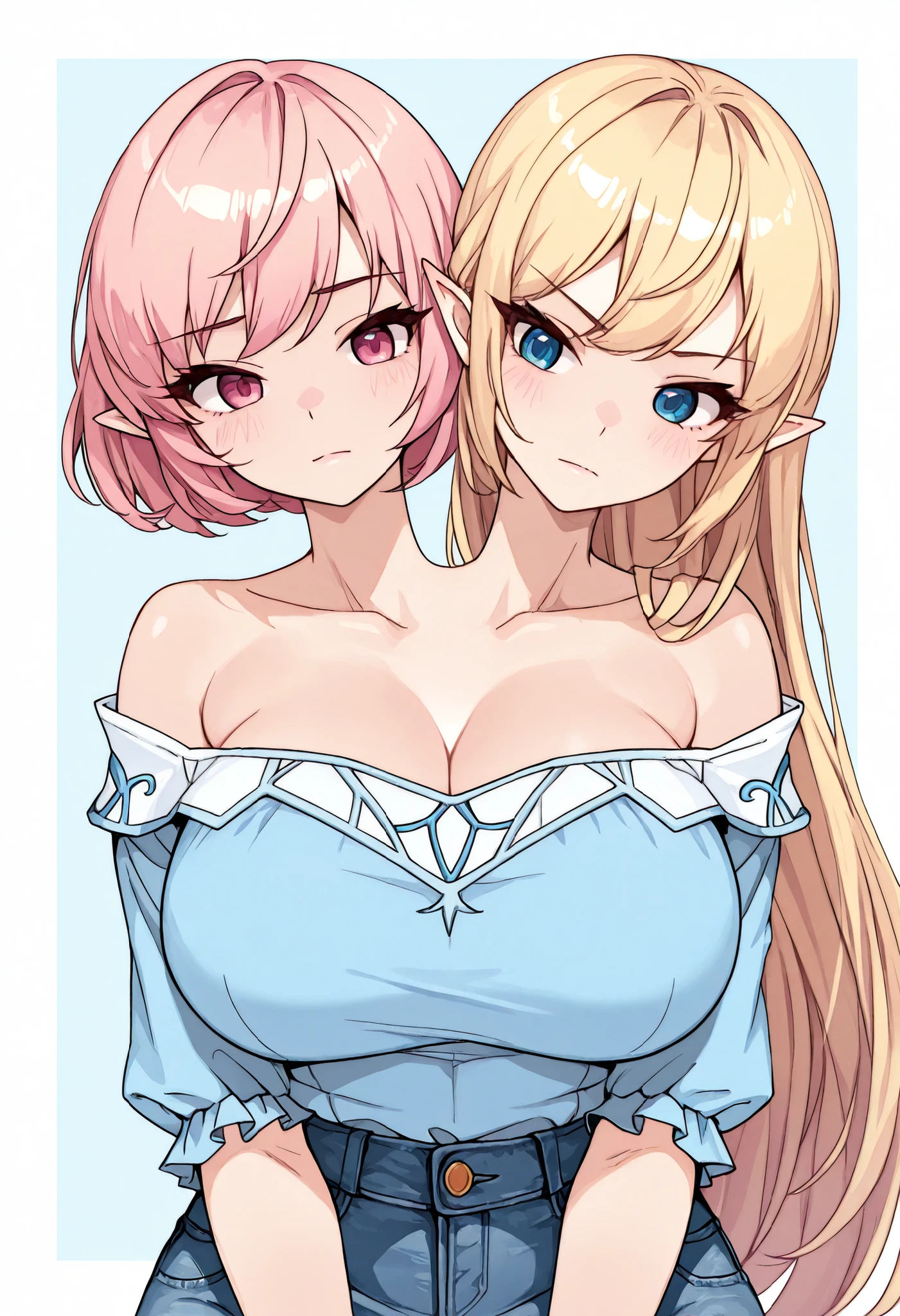 masterpiece, best quality, high quality, beautiful anime character, 2 girls, 2 females, anime girls with pink hair and blonde hair, soft hair, long hair, blue eyes, elf ears, big breasts, mature female, tall female, big girl, thick, (naughty face, light smile, loving eyes), outdoors, (turtleneck sweater, sleeveless, dark blue pleated skirt), white thighhighs, bedroom background, armpits, 2girls,