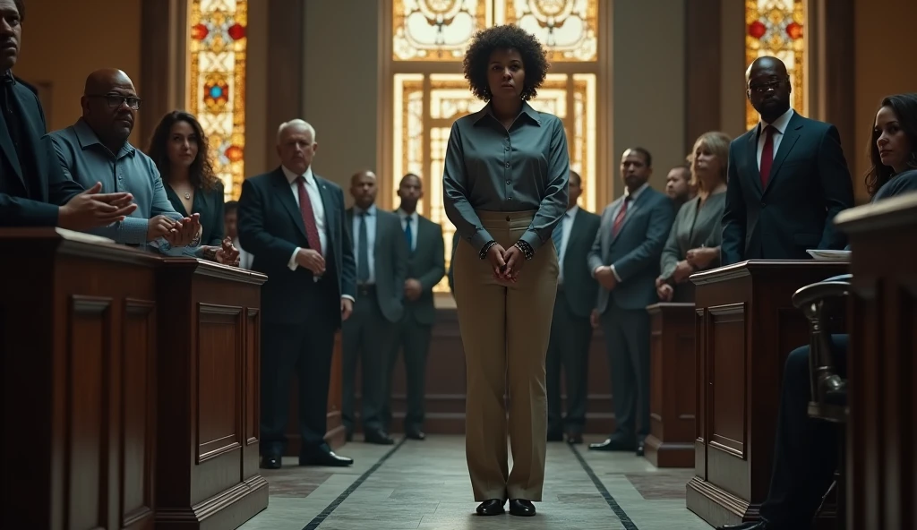 A body that looks like its clothes will burst with muscles,Create a high-resolution realist 3d image of a dark skin toned melanin elegant woman with a findom dominant and commanding persona and Prescence wearing luxurious attire, such as a tailored suits or designer dress, and posed in a confident stance. full body tall and plus size curvey body 5'9 265 lbs This mage should exude power, control, and sophistication, with a hint of mystery. the back ground is lavish hight rise office or a luxurious richly decotated tool reflecting wealth and power ,delivering a powerful speech inside a traditional gospel church. She stands at a wooden podium, dressed in an elegant black suit with a gold chain necklace. The church is warmly lit with stained glass windows depicting religious scenes. A choir, also in traditional gospel attire, is positioned behind her, singing passionately. The church is filled with an attentive congregation, and the atmosphere is vibrant and inspiring, combining historical architecture with a spiritual ambiance.