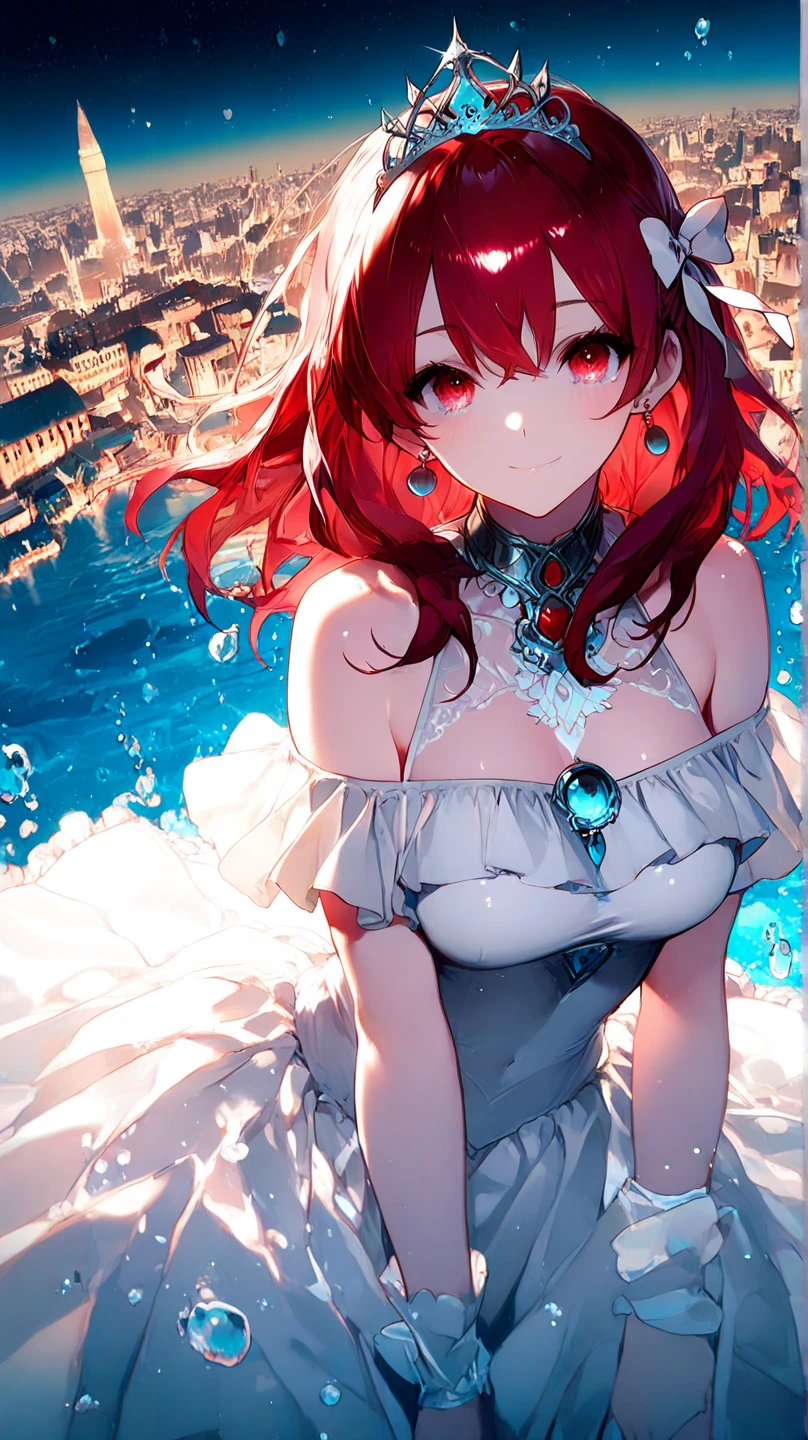 (Best quality, 4k, Masterpiece :1.3), full body standing symmetrical beautiful woman, hyper realistic, 1girl, (drooping breasts, attractive body :1.2), sit-ups :1.1, short red hair: 1.1, (wet rainy, wet by rain, wet body :1.2), ultra-detailed face, detailed lips, detailed eyes, double eyelid, low-necked dress, open neckline, hanging breasts, side pose, visible curves, pool party, poolside, red transparent robe, red sunglasses, muscular turned arms behind body