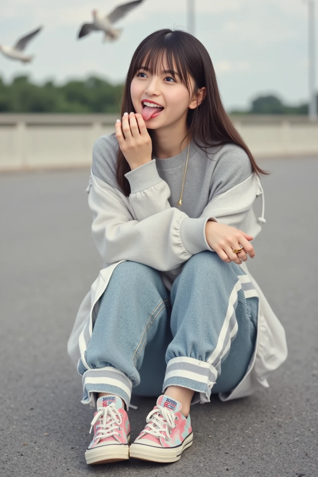 highest quality, Realistic, Very detailed, Finer details, High resolution, 8k wallpaper, One beautiful woman,Sit on the stairs、smile、(Colorful socks)、 Oversized hoodie, Skinny jeans,( Black sneakers)、Black Hair、 Beautiful Bangs、ear piercing、Perfect dynamic composition, Beautiful and detailed, Full Body Shot, A big smile waiting to start