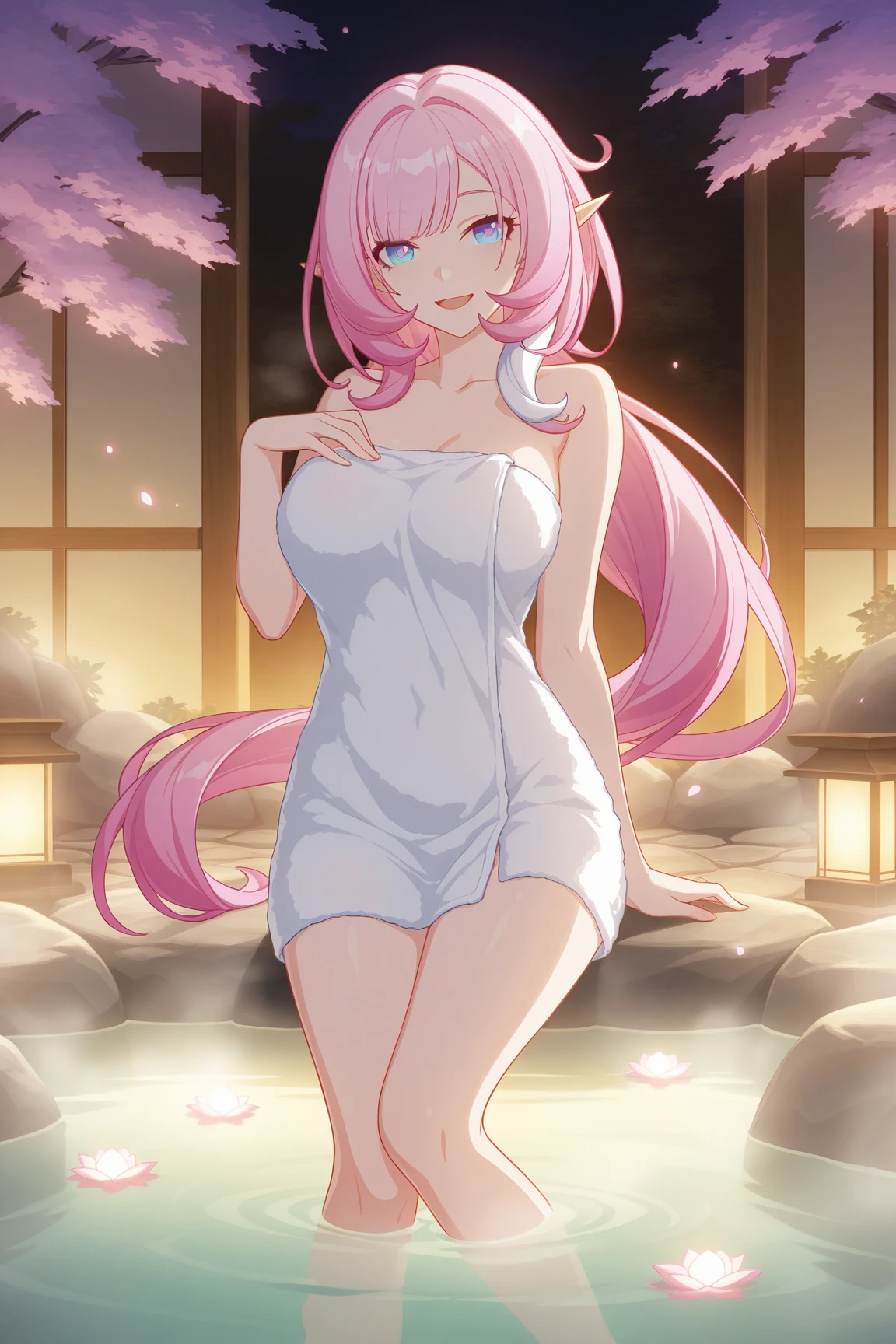 anime, 1 girl, blue eyes, s old, cute face, long hair, naked, 4K, high definition ultra, pink hair, smile, whole body, night sky with fountain and beautiful flowers, NSFW, (show off pussy), (pussy), Active, Wind
