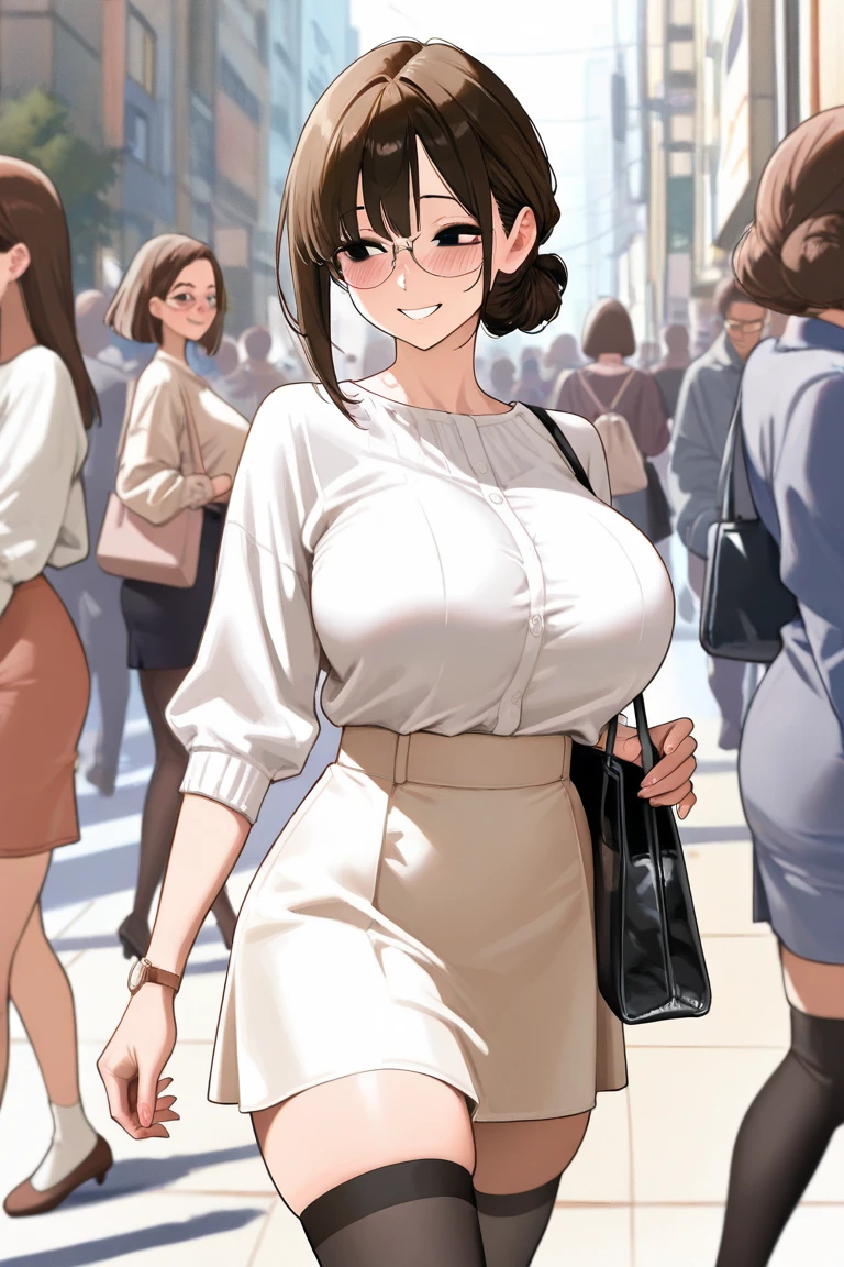 (a closeup、16 K、top-quality、high detailing、rich skin detail、nffsw)、NSFW、Watch everywhere、obedience、a matural female、:D、Surprised、One eye is closed、Wavy mouth、(((very Bigger breasts)))、Parted bangs、School uniform、Navy blue miniskirt、Cream cardigan、Pink Panties、brown haired、Brown-eyed、((short-hair))、((Forehead))、blushed、(big butts)、(thick thighs)、Sweat、In the street