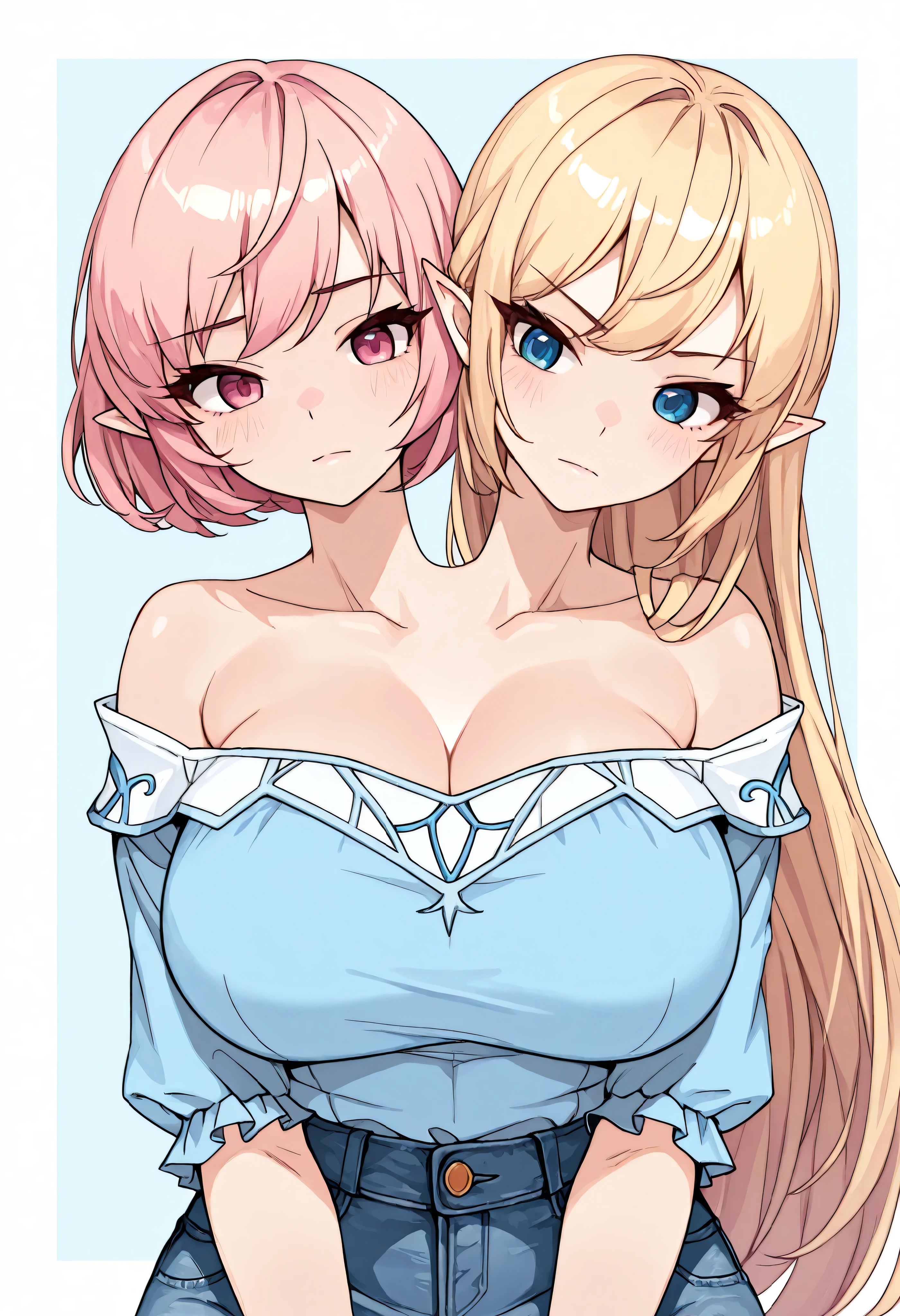 conjoined, 2girls, 2heads, two heads, a tall thin girls with 2 heads, pink hair, pointy ears, short hair, pink eyes, mercedes_elf, elf, pointy ears, blonde hair, long hair, blue eyes, large breasts, frilled off shoulder Beige shirt, denim skirt, upper body, front shots, upper body,