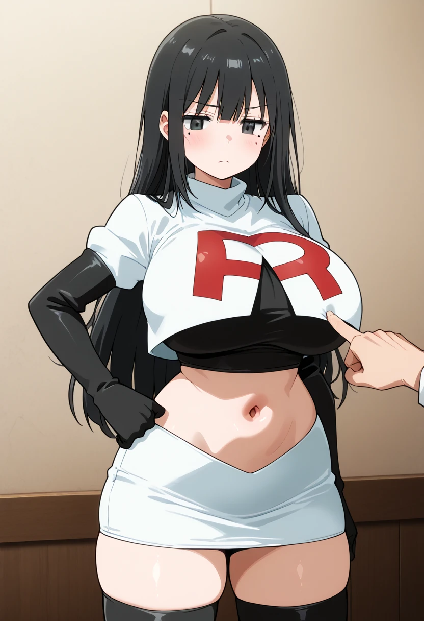 mature woman, thick lineart, {{{huge breasts}}}, {{tight buttons}} {{{Ultra quality}}}, anime screencap, {{{highres}}}, {{{Masterpiece}}}, {{{official art}}}, {{{original}}}, {{{expressive eyes}}}, {{{high detail}}}, {{{highly detailed face}}}, {{{simple lighting}}}, {{cleavage}}, curvy,wide hips,(smug smile:1.2), squinting, looks down, eyes down, shaded face, huge breasts, hands on own hips, clenched fists, highschool uniform, Indonesian_high_school, sma uniform_doodle, white uniform, upper body, parted bangs, perfect body, masterpiece, ,(solo:1.1), perfect face, small waist, (bright lighting:1.2),beautiful detailed eyes, extremely detailed face, perfect lighting,masterpiece, best quality, ((mature female)), , 30yo female, 1girl, {lshort black hair}, fluffy hair, {pressed breasts}, {exposed forehead}, bare forehead,