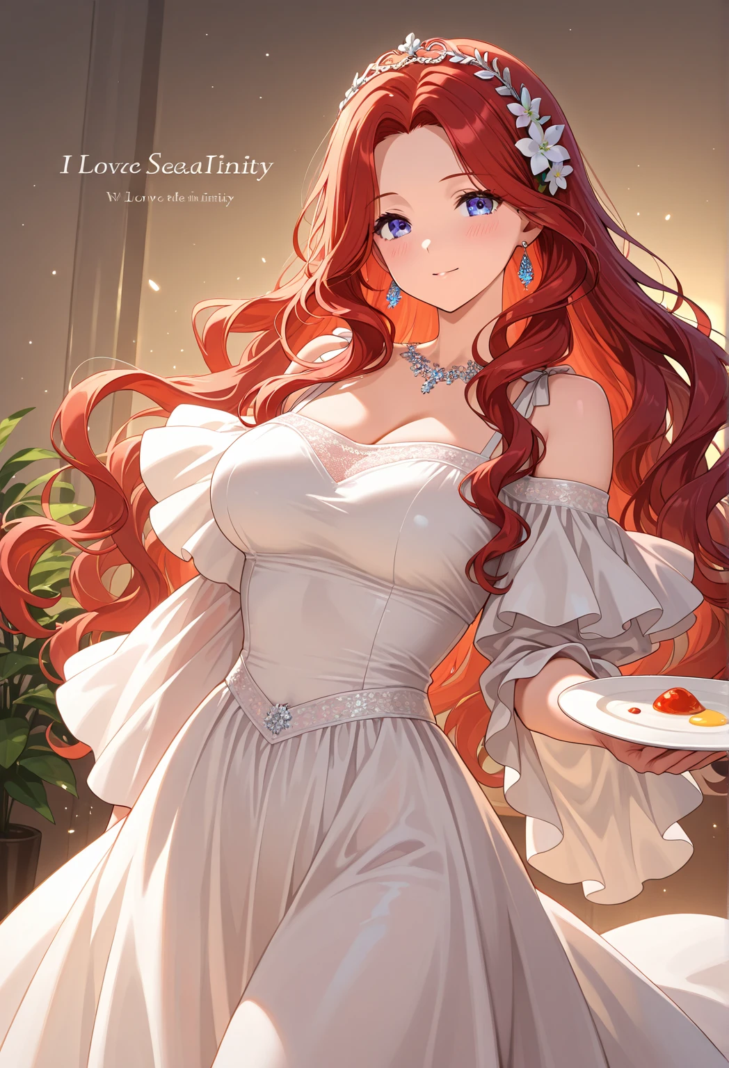 ((best quality, ultra-detailed, photorealistic: 1.39), bright and vibrant colors, studio lighting, romantic expression, An effeminate girl, with a delicate and beautiful face. She is a girl who reflects seductive beauty, sparkling eyes, extremely beautiful woman,a beautiful woman with her long crimson red hair wavy with a choker, her large breasts seductive, her greenish eyes match her naughty smile, wearing a strapless strapless blouse and sexy panties, at home, in the kitchen having a snack, she is in love, anime style, Anime Bishoujo