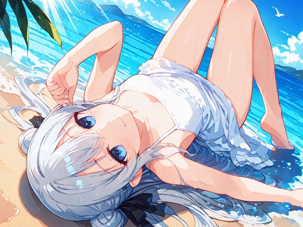 Best Quality, top-quality、(cute petit girl:1.3),Beautiful pink eyes、flat chest、Lori、(Cuteness beyond limits)、Shining thighs、((Cute smile))、tied up with a collar、White swimsuit、Open the crotch、Bend both knees