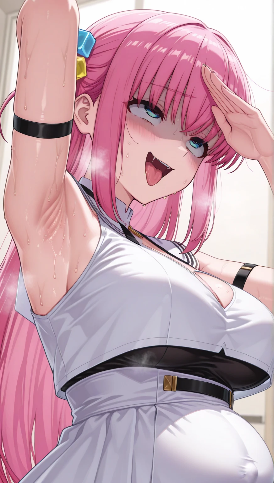 Hanako-default, Hanako \(blue archive\), one side up, halo, white shirt, swimsuit, shirt, see-through shirt, see-through cleavage, see-through, pink bikini, oversized shirt, oversized clothes, cleavage, bikini under clothes, bikini, leg stretching, spreading legs, small bottoms, smile, cameltoe