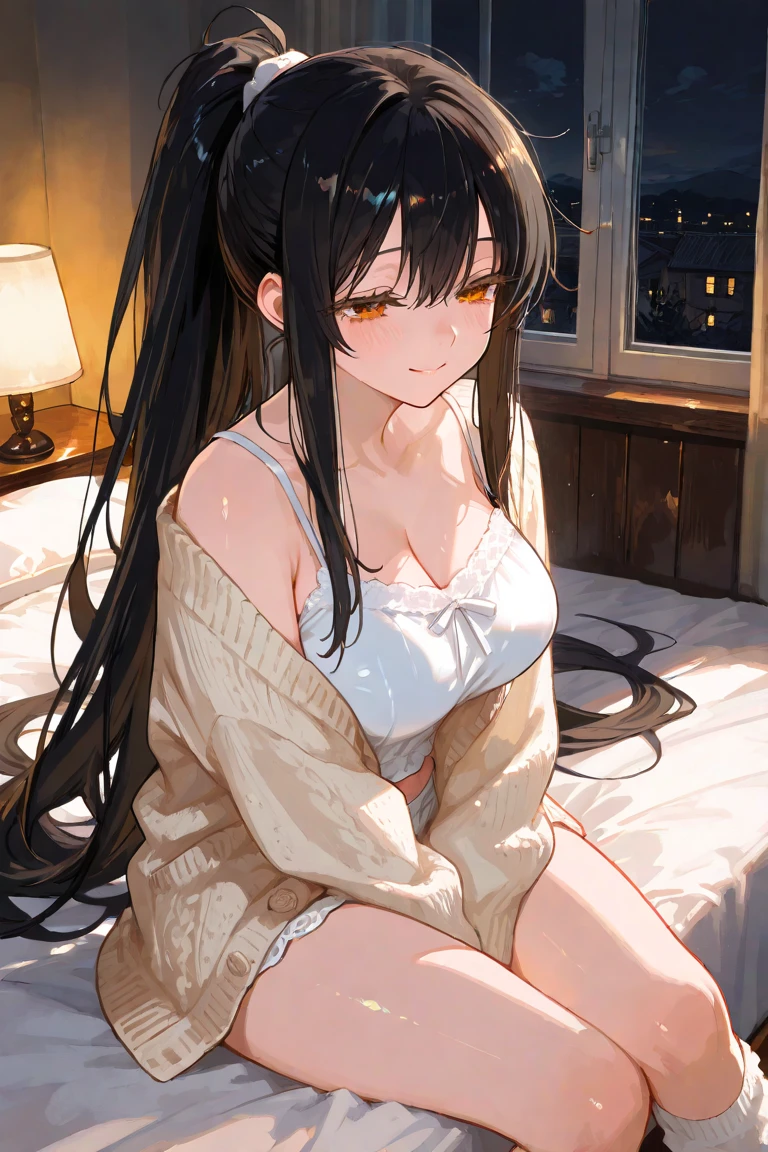 Black Hair、Semi-long hair、Blushing、In underwear、I can see her panties、M-shaped legs、On the bed、Glamorous expression、Random pose、Glamorous expression、