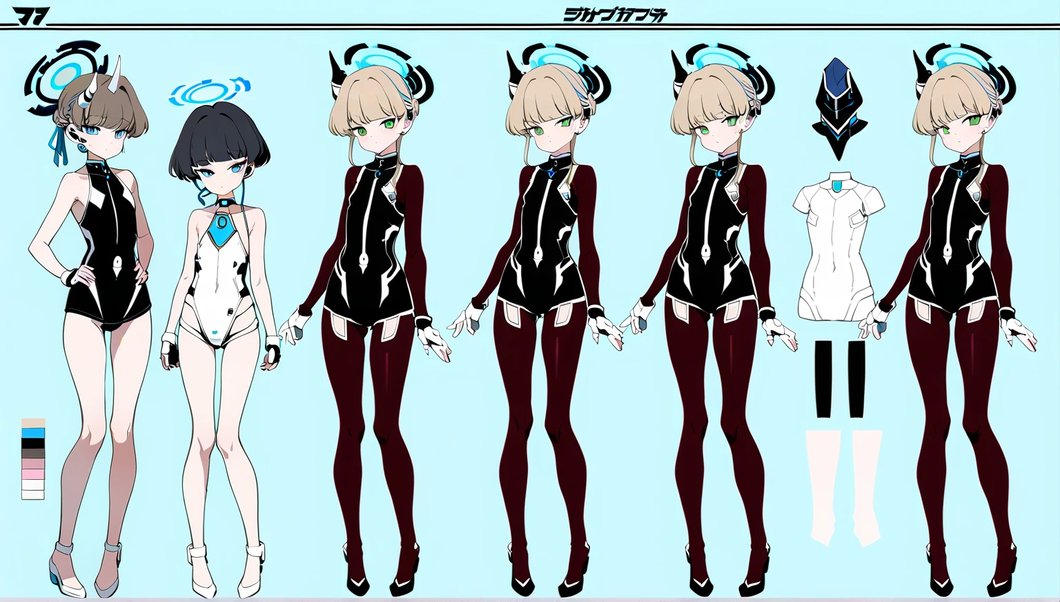 ((character concept art)), ((Character design sheet, same character, front, side)) Video game character design, 1 femboy, Drawing with Line Drawing, Multiple perspectives, Circuitry, Label, body complet, Line drawing, Sharp lines, readable