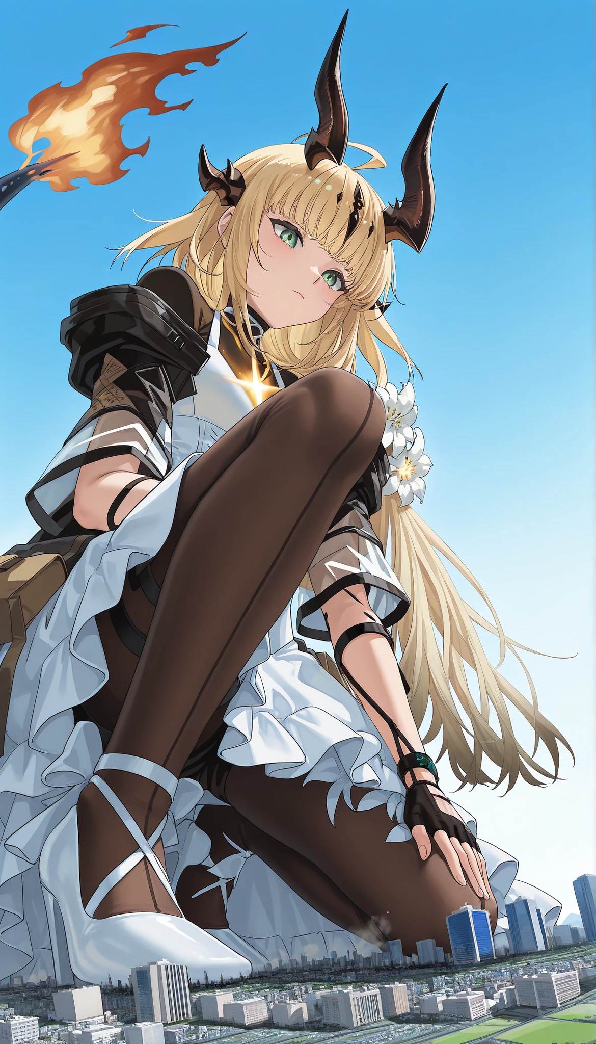 score_9_up, score_8_up, score_7_up, reed_the_flame_shadow_\(arknights\), dragon horns, blonde hair, ahoge, hair flower, green eyes, white dress, black jacket, flower pattren pantyhose, single glove, flame-tipped tail, white high heel, (giantess:1.4), microcity, 1girl, solo, collapsed city, Outdoors, (from below), masterpiece, best quality,立っている