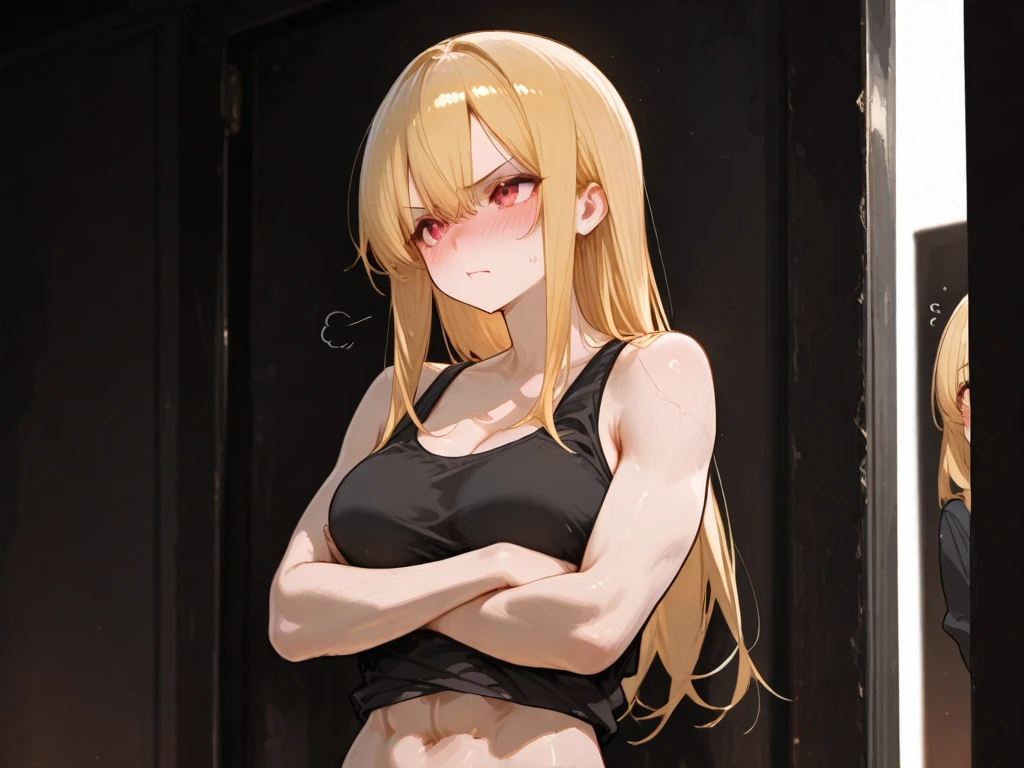((best quality)), ((masterpiece)), (detailed), perfect face, blonde, standing, (25 years old), detailed face, blushed,  healthy skin, ((cropped tank top,  shorts)), street,upper_body, hand on hip. No censorship, nsfw. ((The girl is dominatrix, she is cruel and merciless,  blood)).