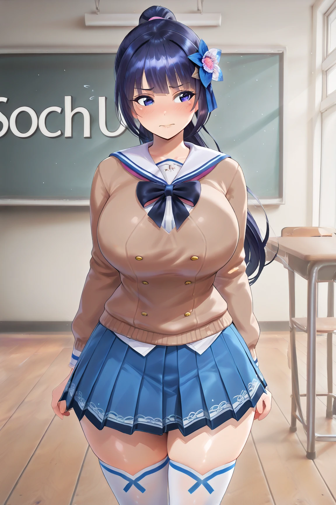 masterpiece, best quality, ultra-detailed, Potrait of beautiful , (chubby) (muscular), (plump), (sexly), (cleavage), (Breasts), (Plump), ((very short hair)), ((Uzaki Hana)), (overweight), (Gray Hair), ((Saggy breasts)), (blue eyes), (Short Hair), (blue eyes), ((thick)), (school uniform), (fullbody), (naughty smile), (Canine teeth visible)