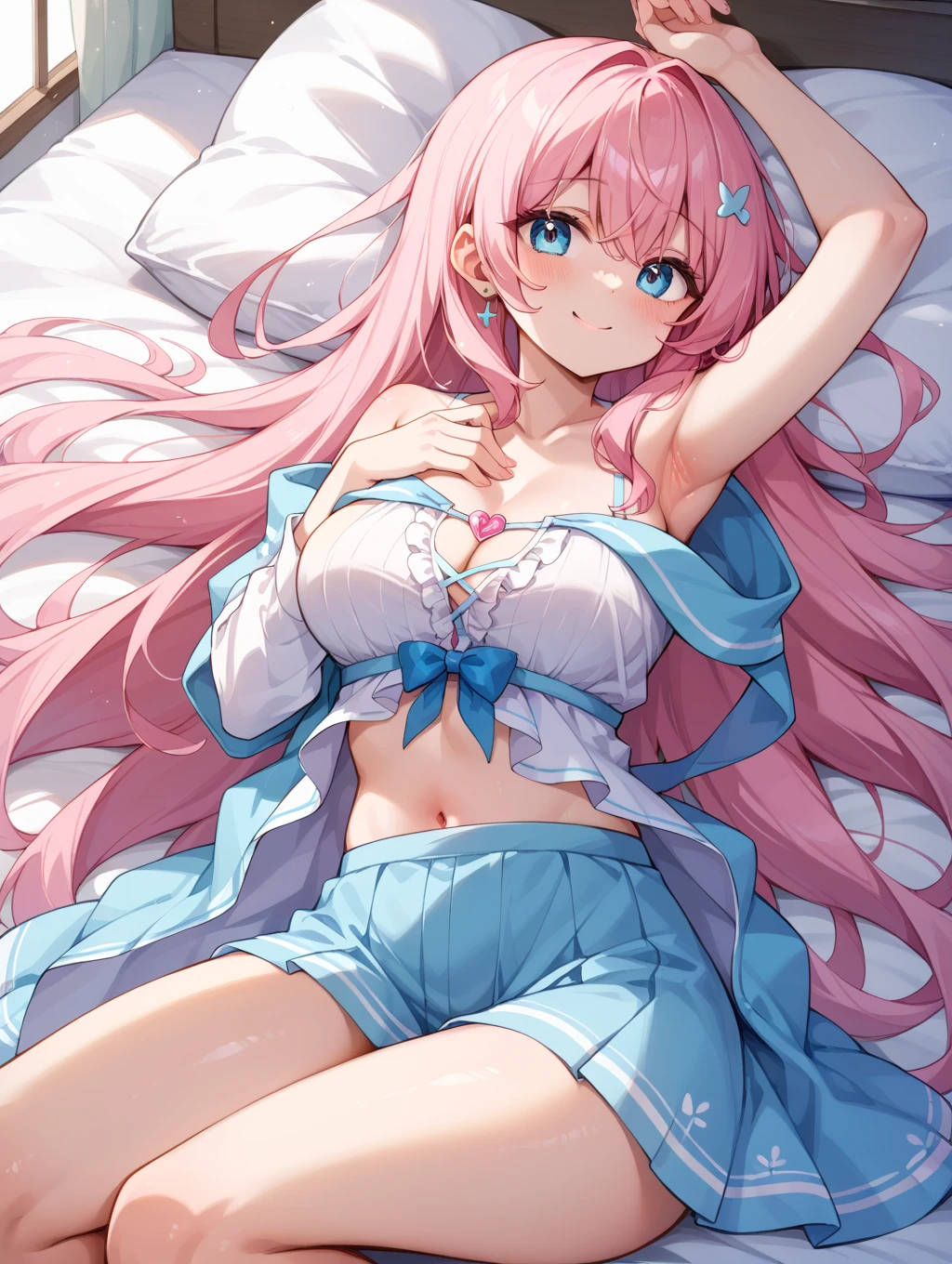 1girl, ((masterpiece, best quality, high resolution, 4k)), beauty,((lila haare, twin braids)),((lila augen, detalierte augen)),sexy, cute, (((liegt auf dem bauch), legs bent on the body, beine nach oben gerichtet, holds her head with both hands, breasts are on the floor)), ((Wears pajamas)), (liegt auf einem bett), ((pov, dynamischer winkel, perspektieve von vorne)), ((light blushes, schaut den betrachter an, smiles slightly)),big boobs