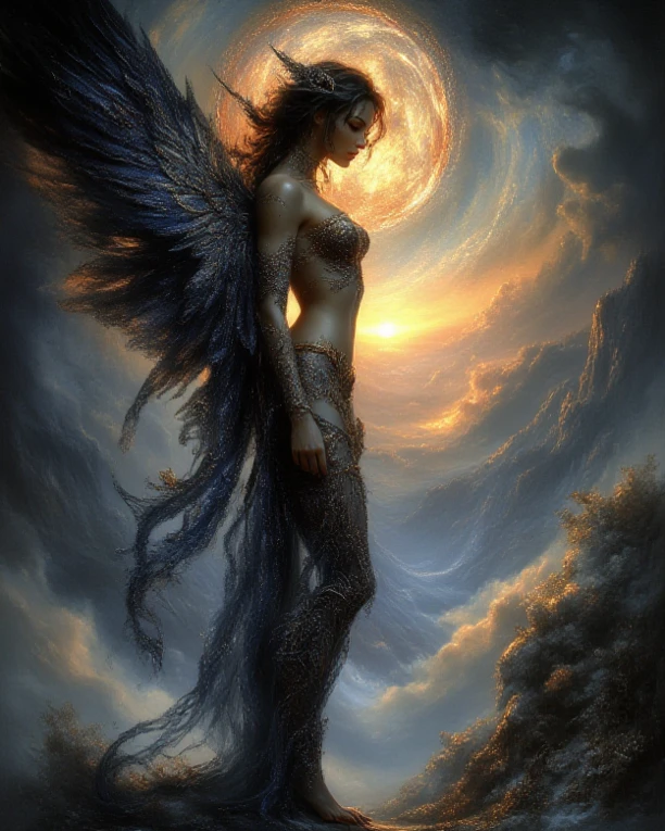 ((best quality)), ((masterpiece)), (detailed), alluring succubus, ethereal beauty, perched on a cloud, (fantasy illustration:1.3), enchanting gaze, captivating pose, delicate wings, otherworldly charm, mystical sky, (Luis Royo:1.2), (Yoshitaka Amano:1.1), moonlit night, soft colors, (detailed cloudscape:1.3), (high-resolution:1.2)
