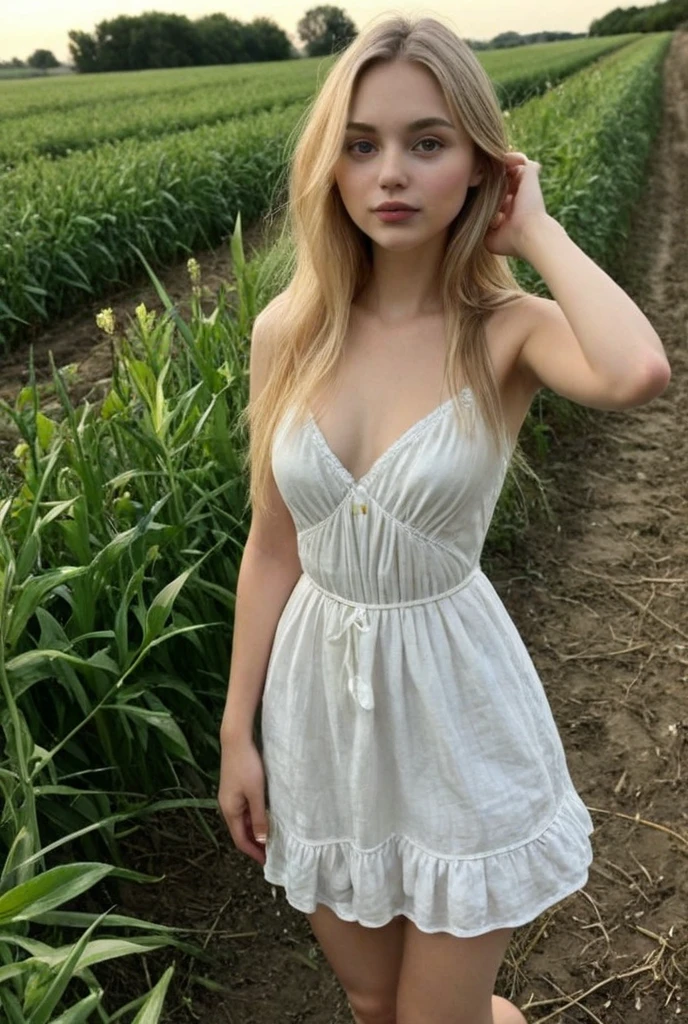 A 18-year-old blonde woman, , ((small natural breasts )), tiny breasts((hiperrealismo))textured skin (veins on breasts visible noticeable) goosebumps, perfect eyes. Blonde hair with light brown roots. cabello rubio, Hair with brown roots, extra long hair, really long hair. photo taken with iPhone, cleavage, Porta 160 color. Provocative pose. Skinny small girl. Sunflowers field background, but sunflowers.  Wearing pretty white nightgown, wearing white nightgown, long sleeves. Pulling dress up (showing vagina)