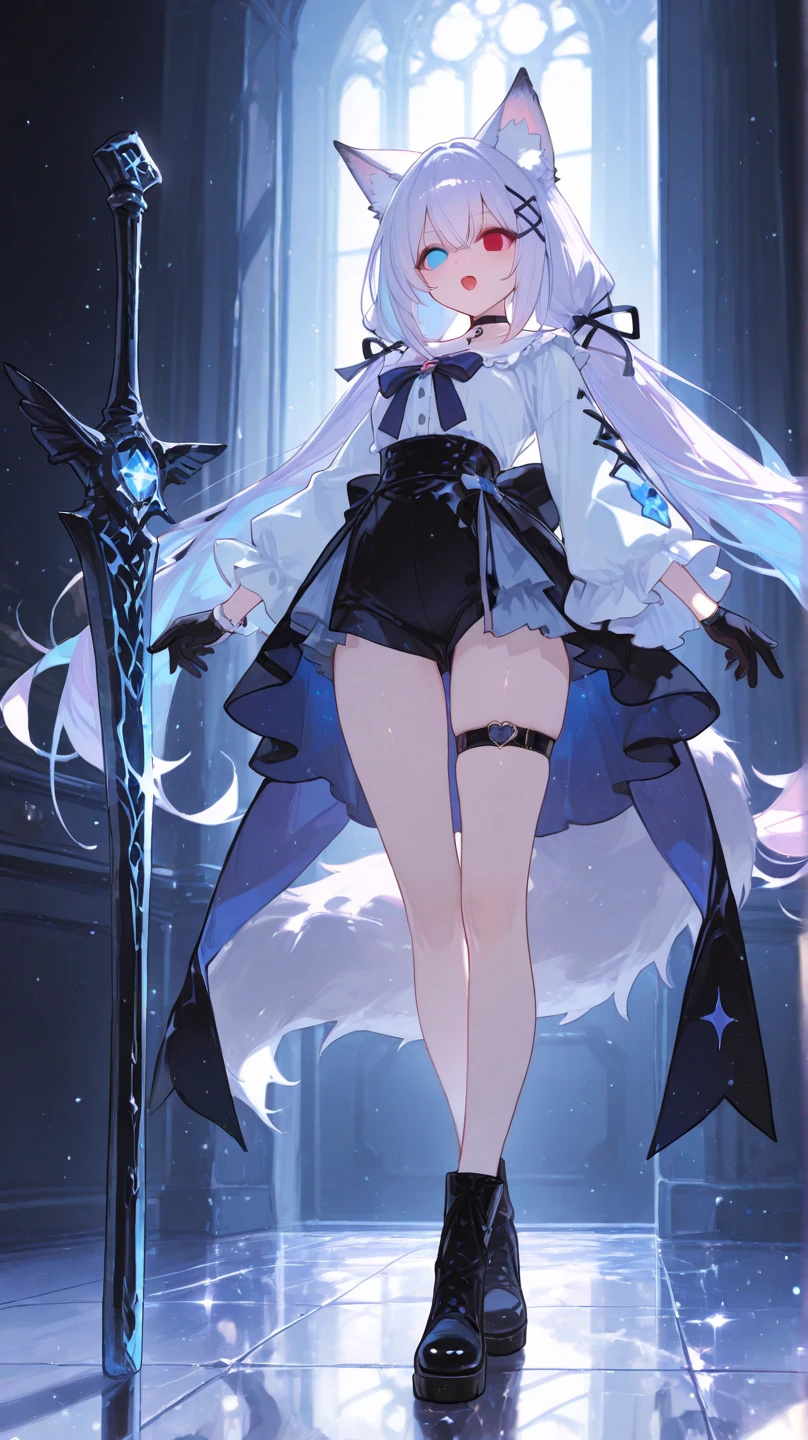 thin (cute little girl:1.2) standing in forest, childish, (disproportionately (perky gigantic breasts:1.3) despite little child:1.1), (cleavage:1.3), (frilled white shirts with open chest wide), BREAK, large cute eyes, loli face, BREAK, (shining magic texts in shining magic circulars:1.2), BREAK, thin long legs, too thin waist, arms behind back, BREAK, (very long white straight hair:1.2), blunt bangs, BREAK, (long black thighhighs with white line), BREAK, short black capelet, short black high-waist skirt cinches waist tight, BREAK, looking at viewer, (nose blush:1.2), BREAK, masterpiece, best quality, ultra high resolution, ultra-detailed